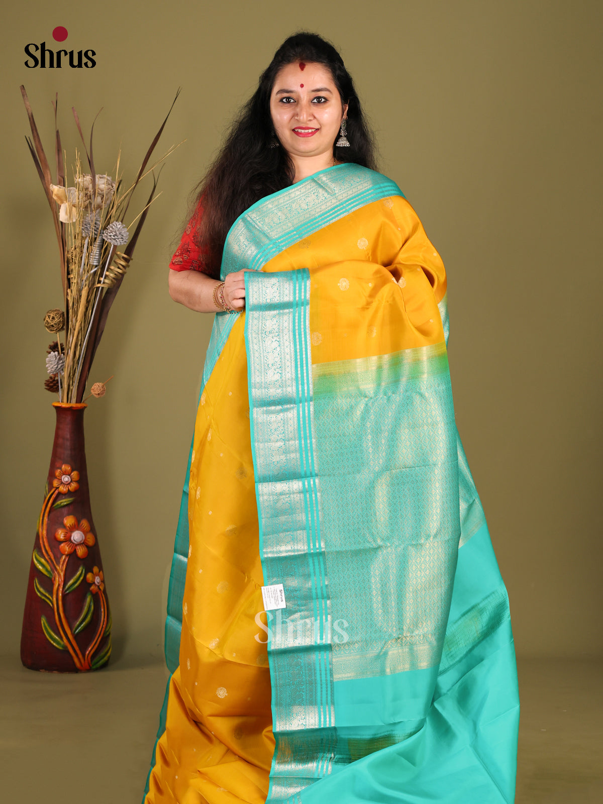 Yellow and sky blue Kanchipuram halfpure