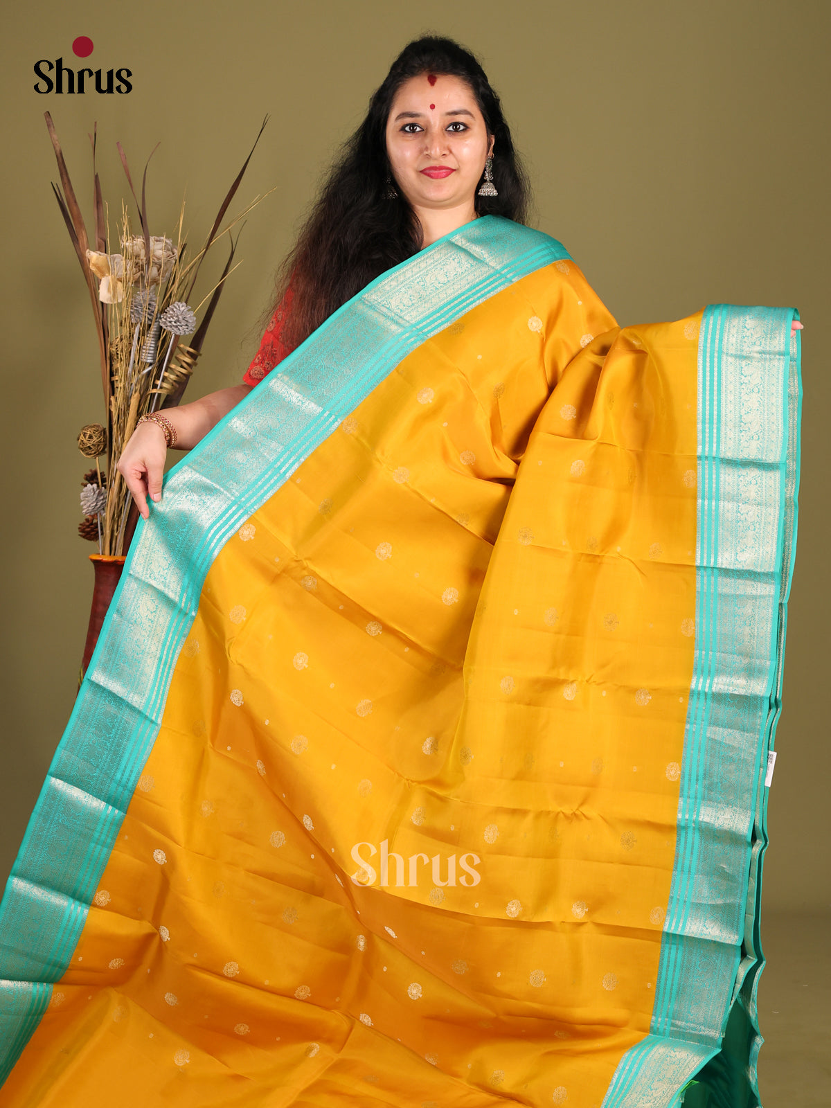Yellow and sky blue Kanchipuram halfpure -1
