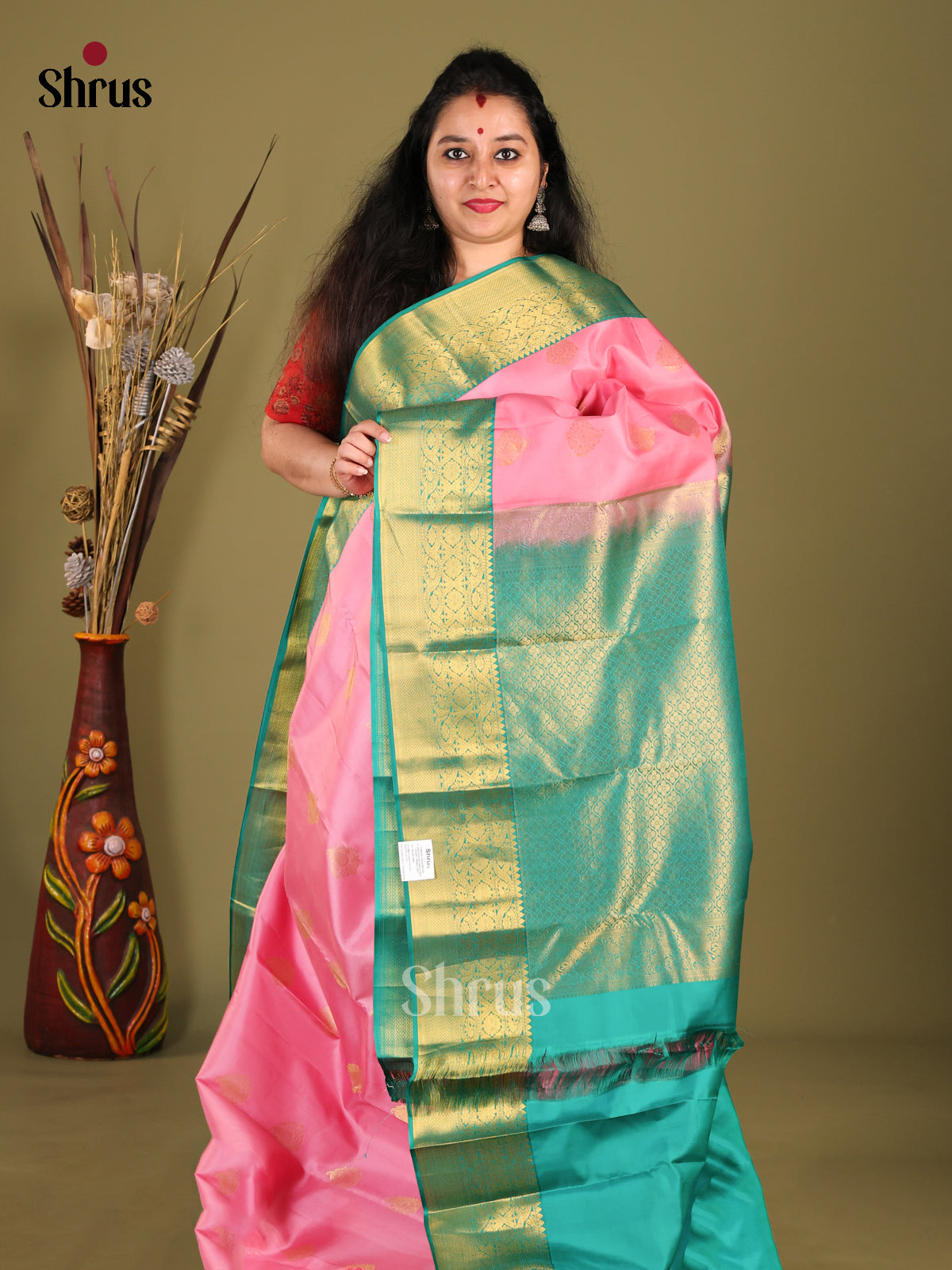 pink and blue Kanchipuram halfpure