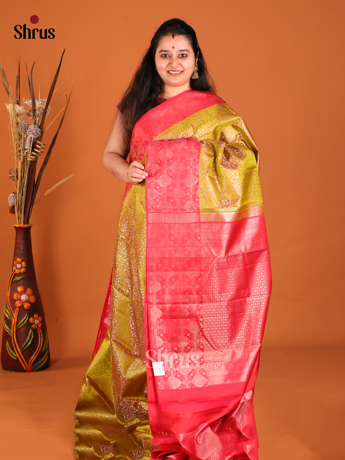 Mustard yellow and red Kanchipuram silk