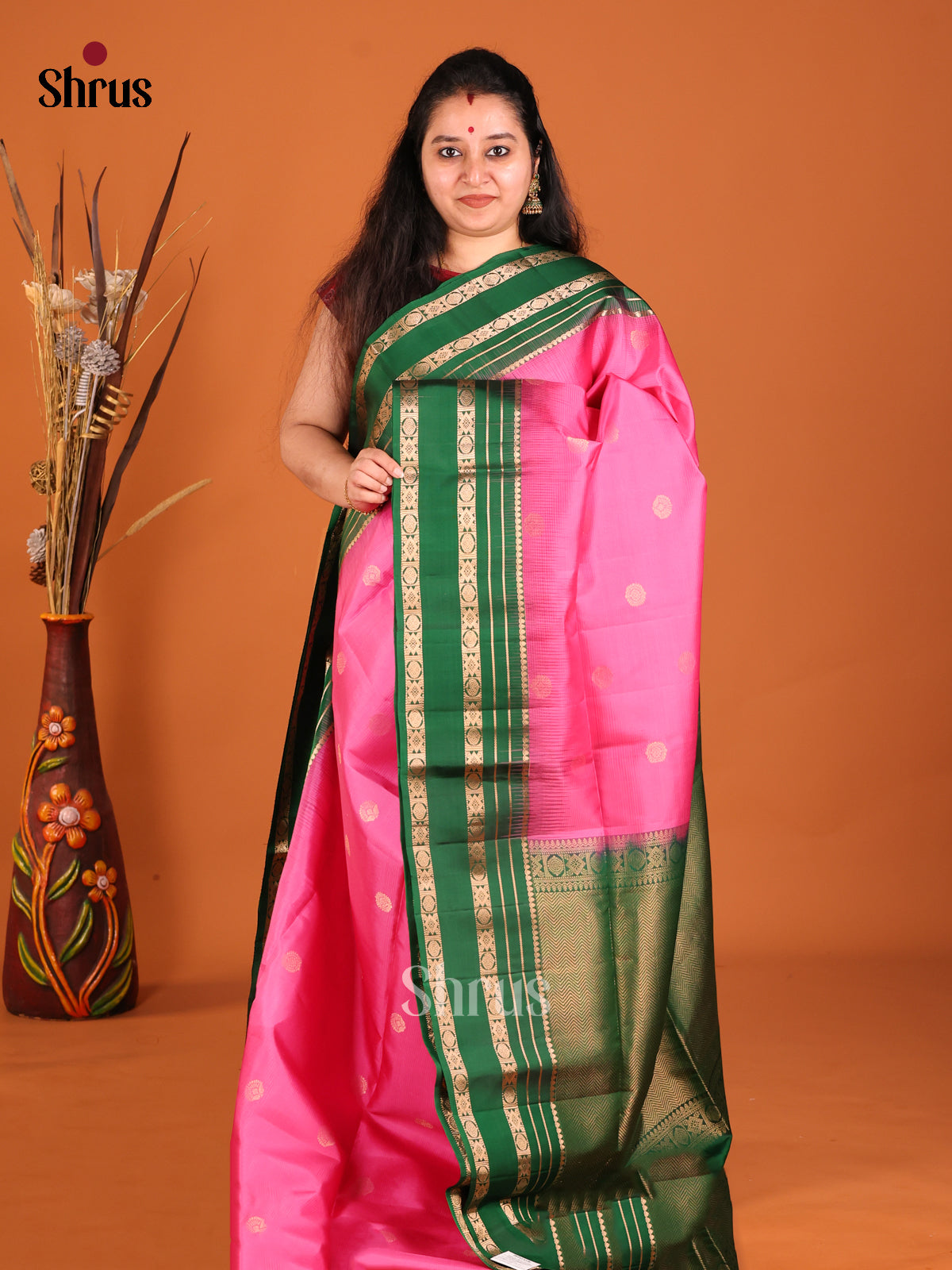 Luminous Pink Soft Silk saree with Golden Buttas & Green rettaipet zari border - Shop on Shrus.com