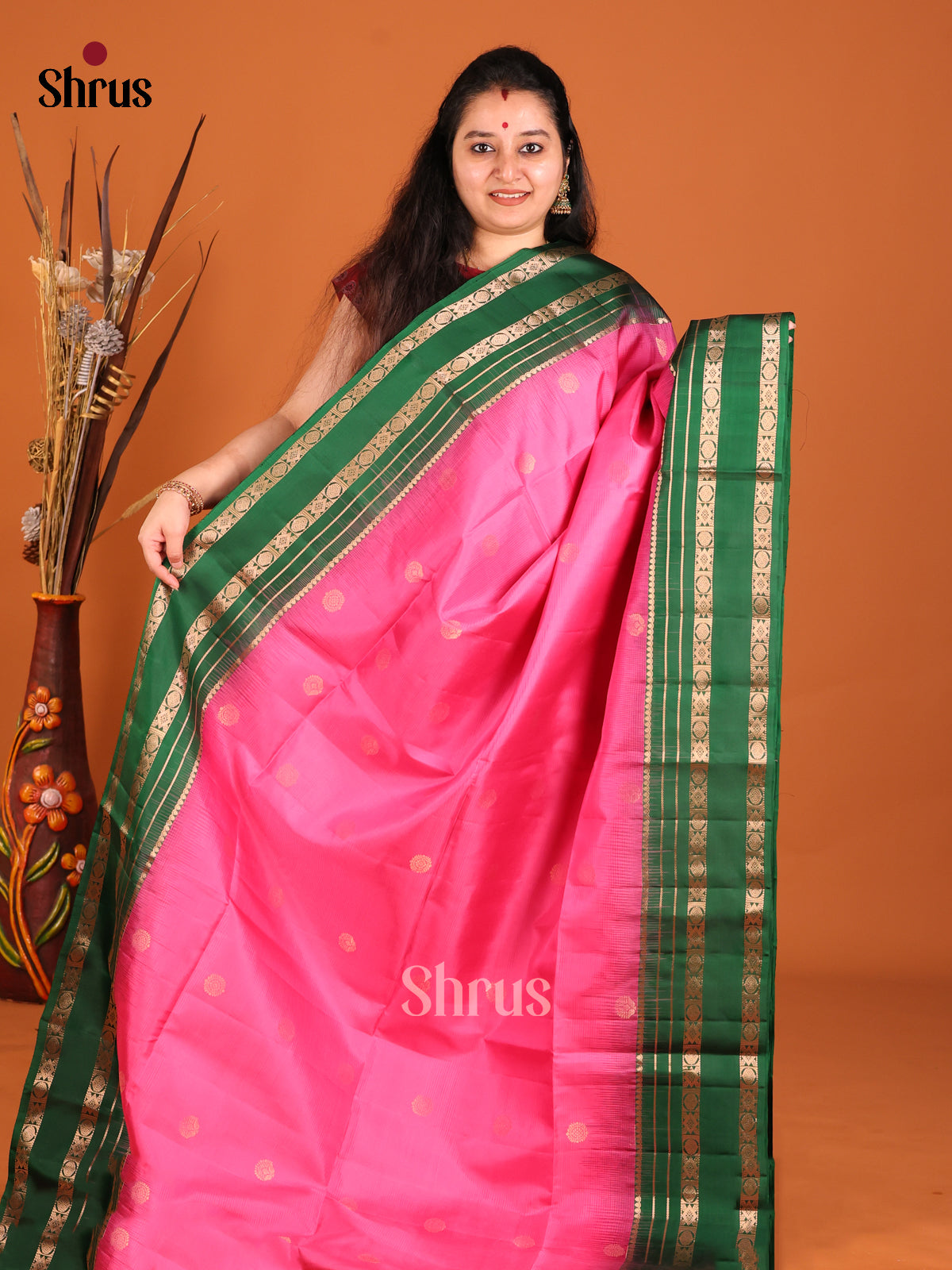Luminous Pink Soft Silk saree with Golden Buttas & Green rettaipet zari border - Shop on Shrus.com