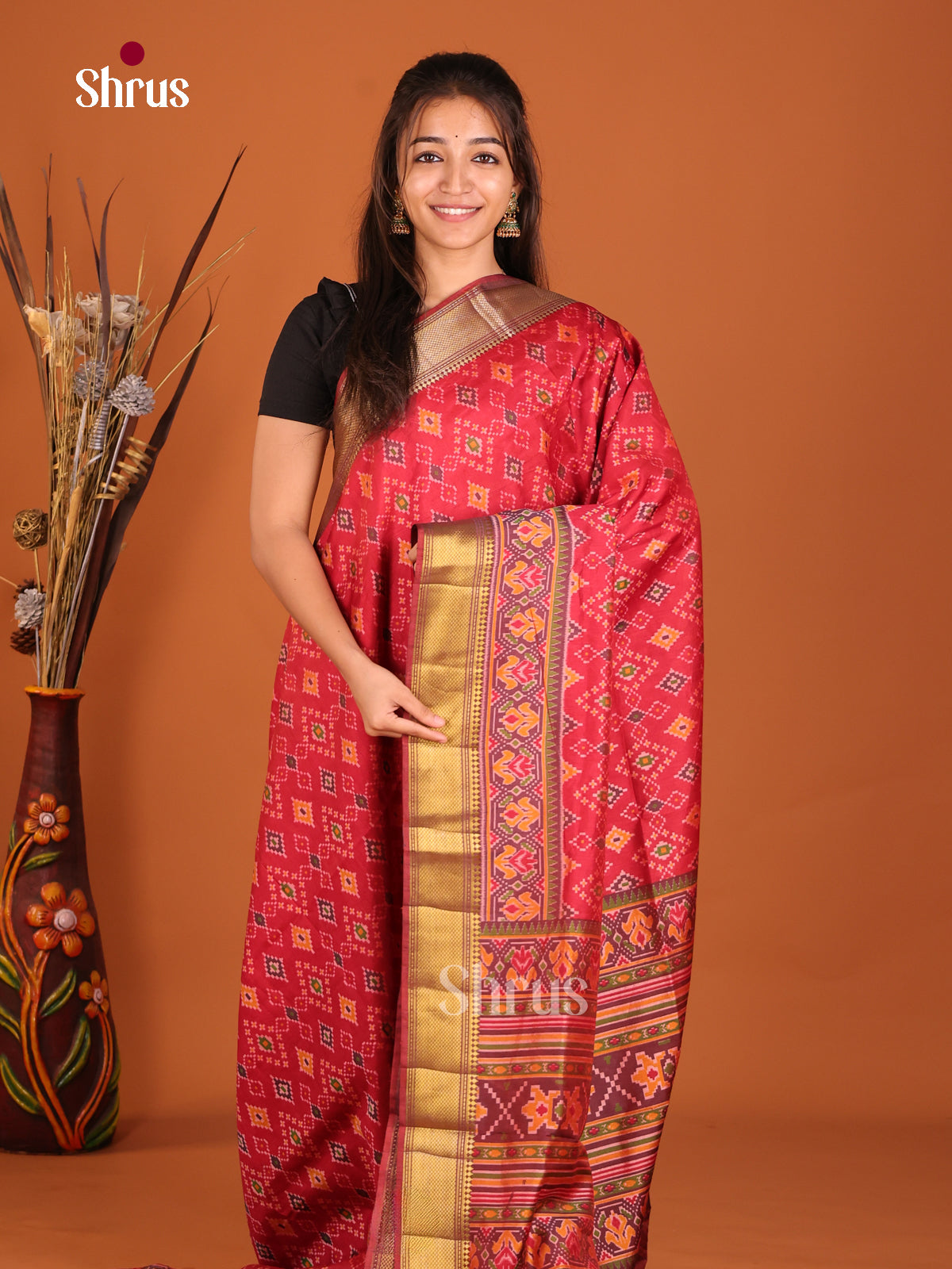 red with multi color semi patola saree
