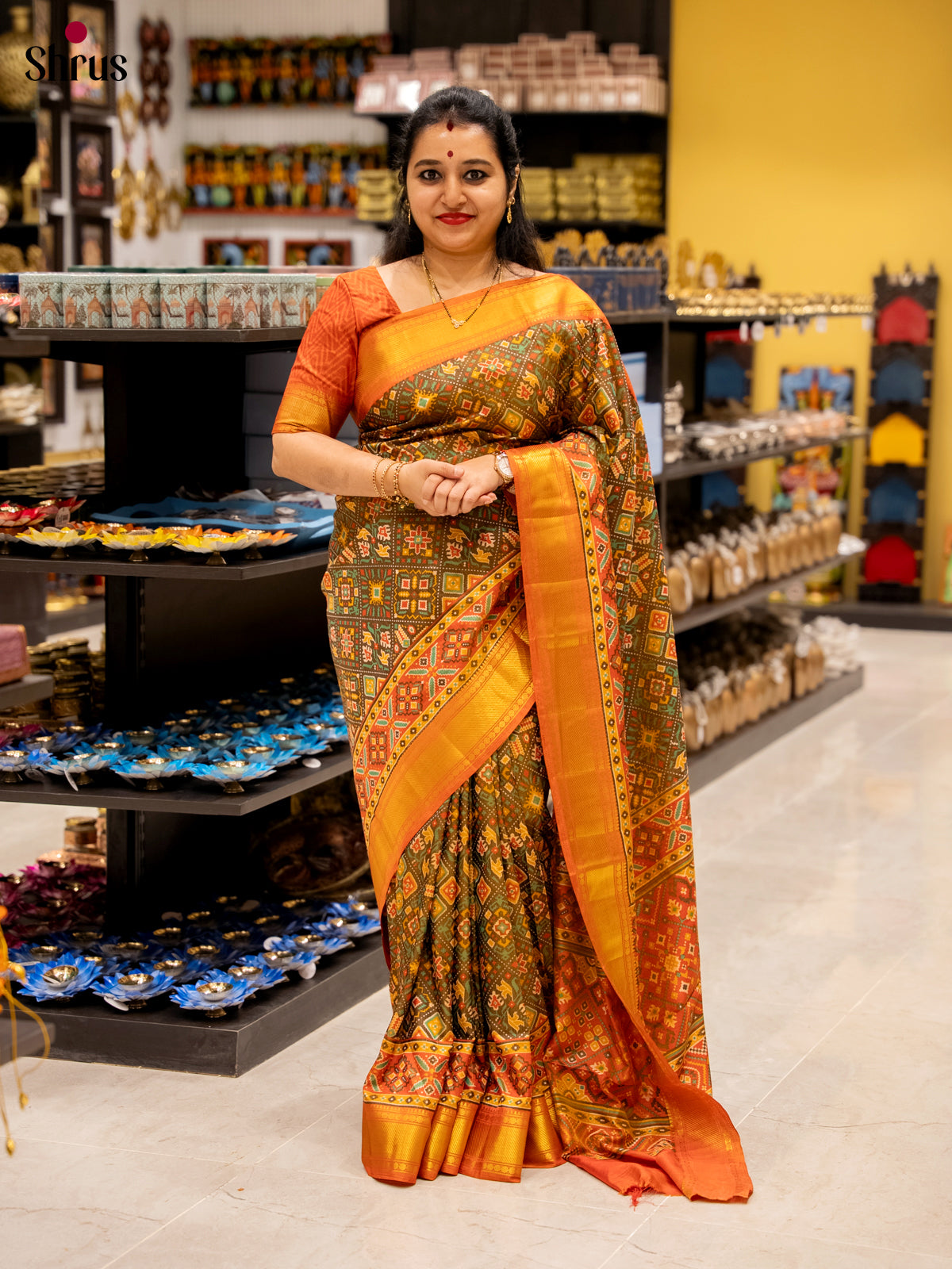 Army Green & Orange - Semi Patola Saree