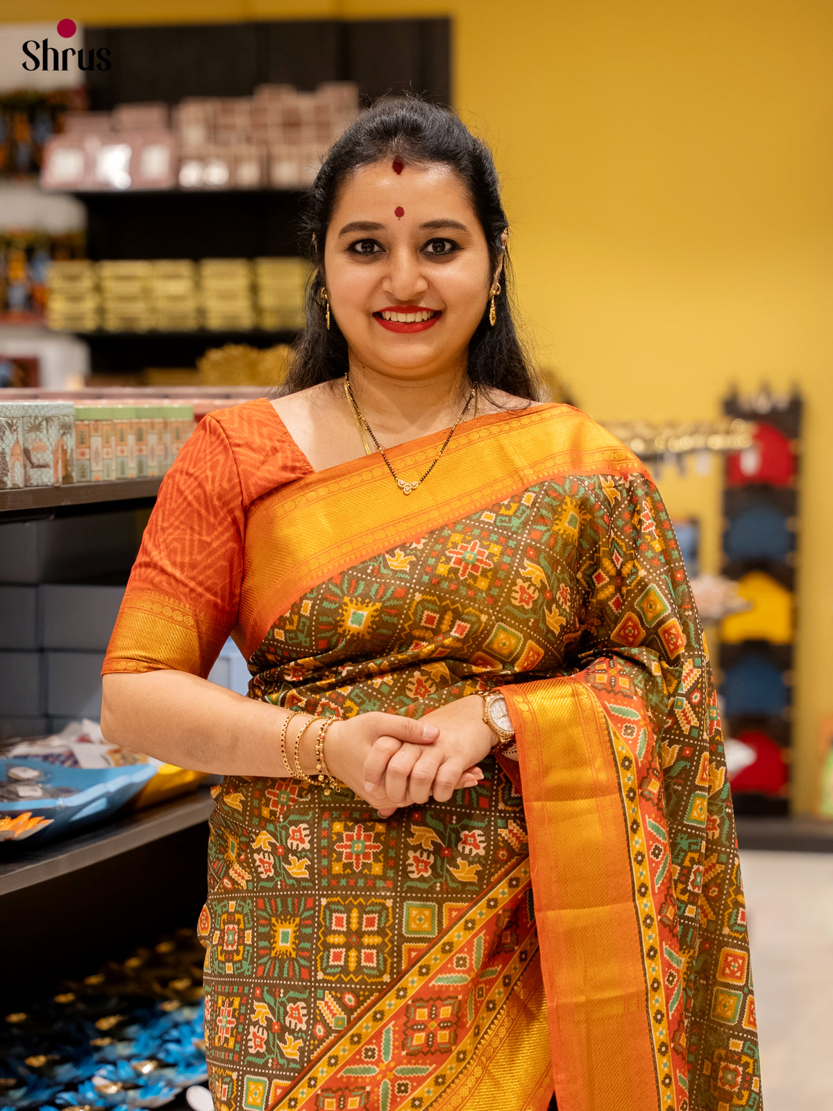 Army Green & Orange - Semi Patola Saree