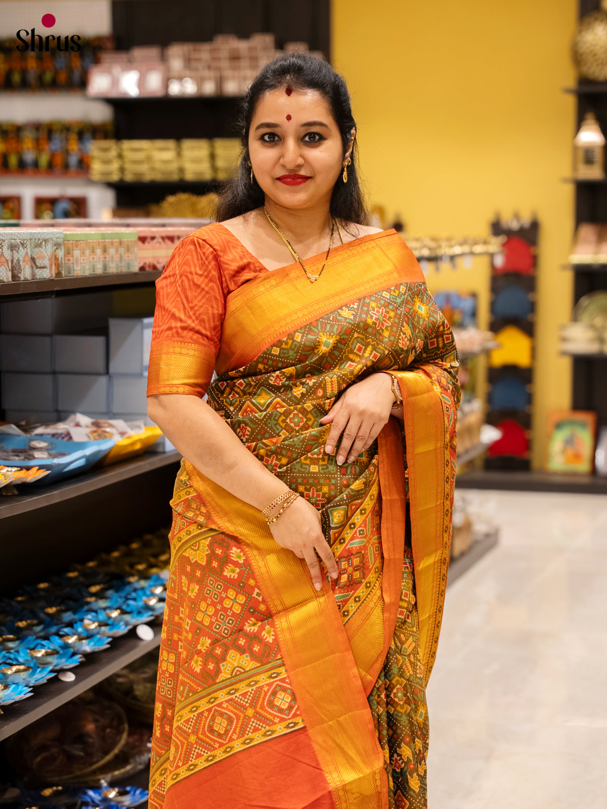 Army Green & Orange - Semi Patola Saree
