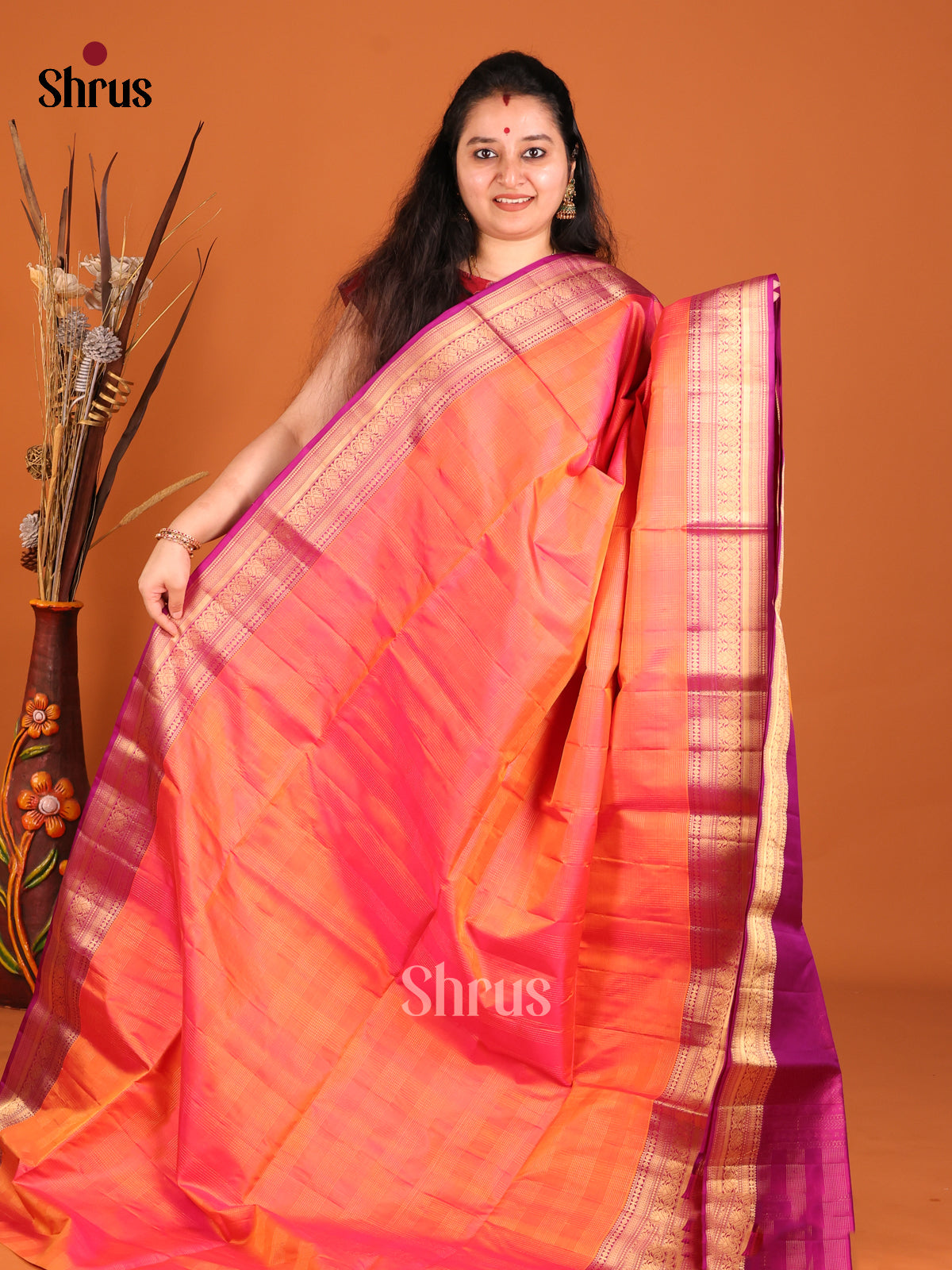 Orange & Purple Soft Silk Saree with contrast rich traditional zari border - Shop on Shrus.com