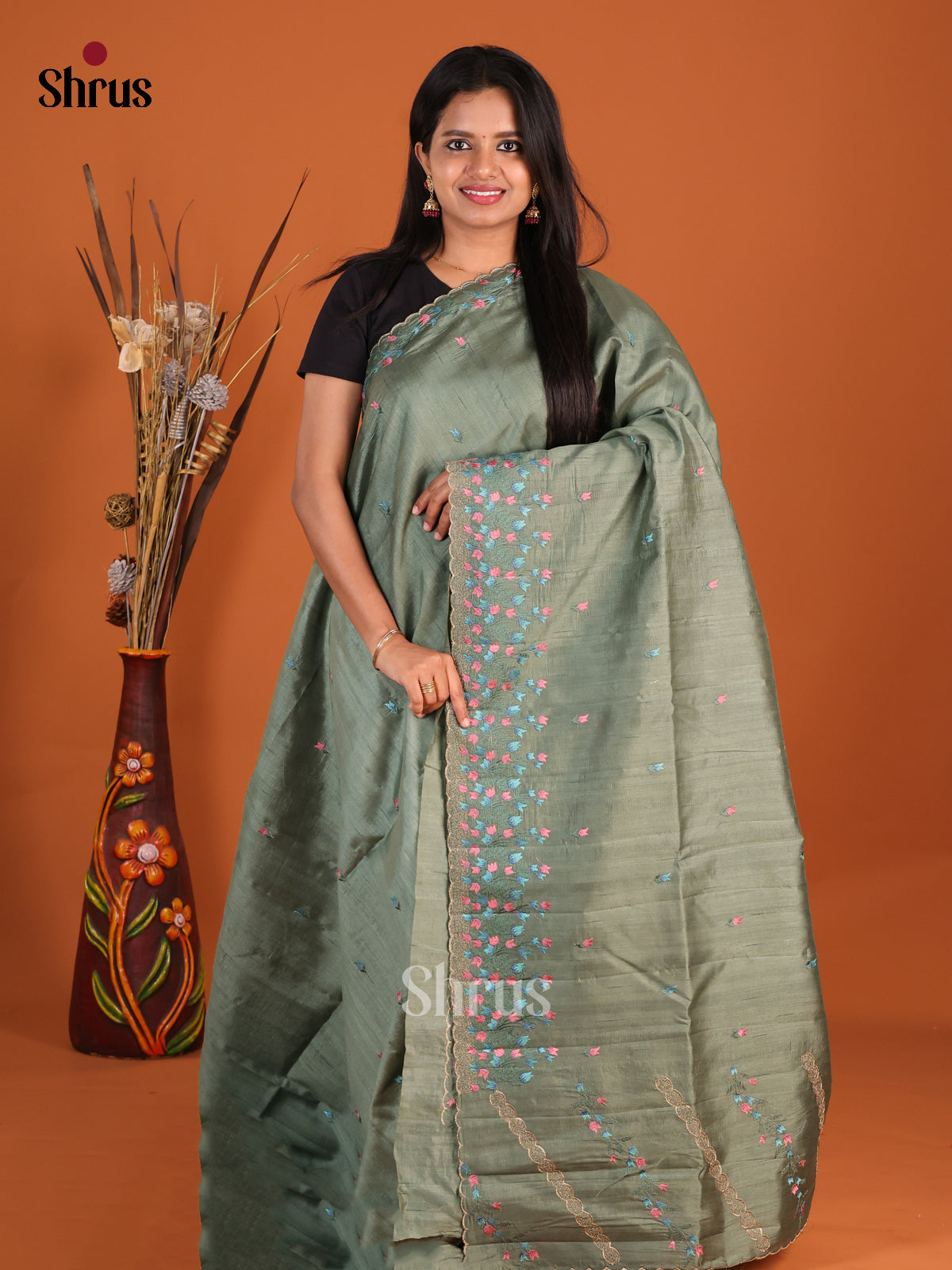 Grey Green - Semi Rawsilk Saree - Shop on Shrus.com