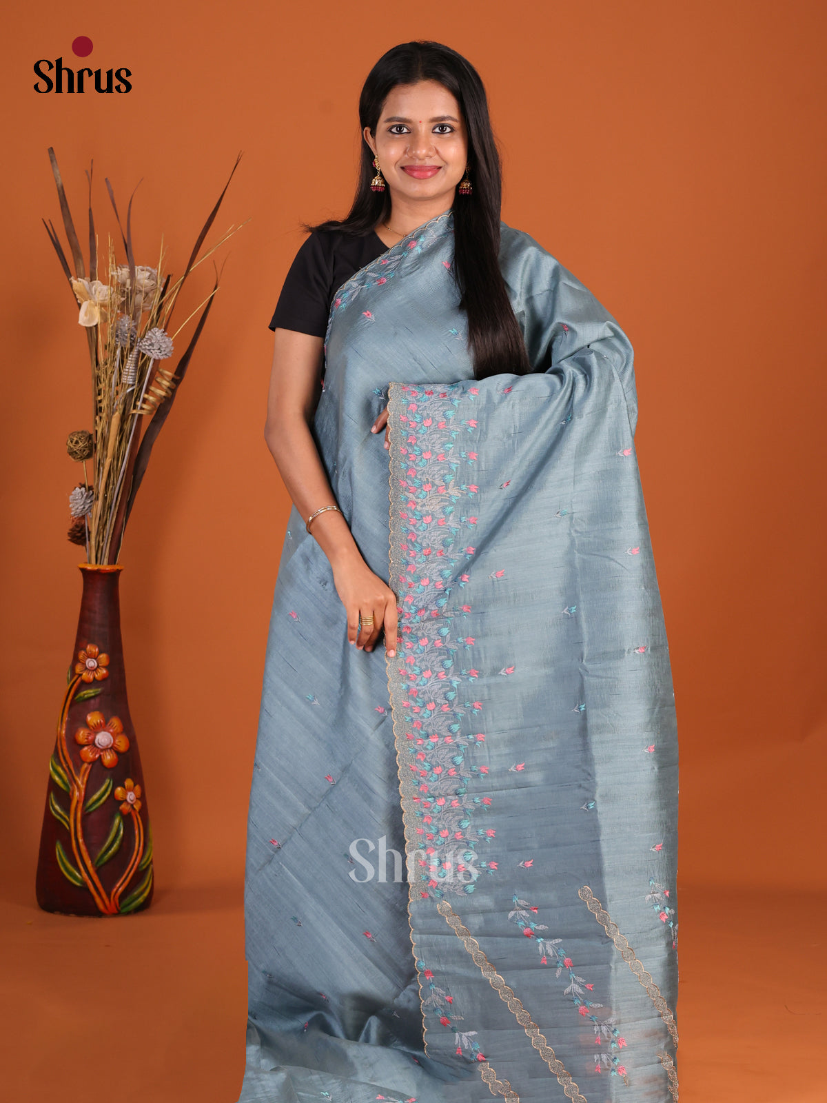 Power Blue - Semi Rawsilk Saree - Shop on Shrus.com