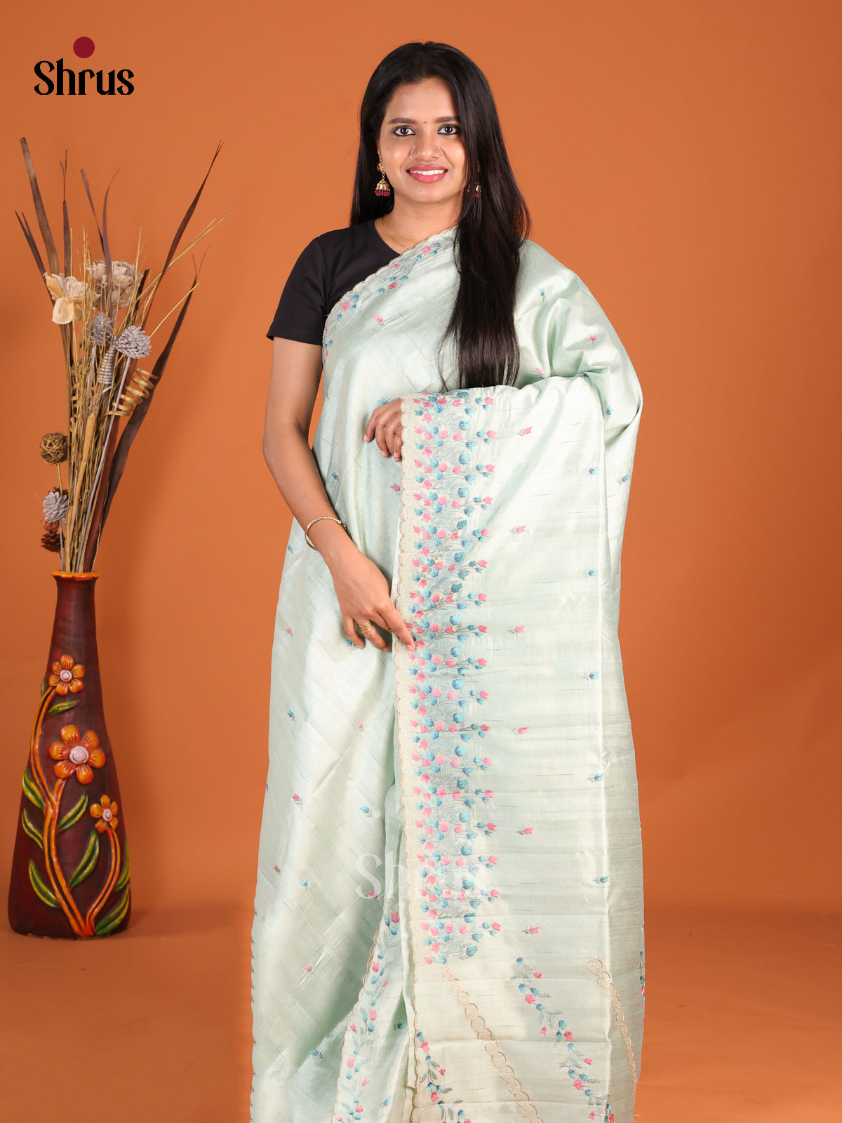 Ice Green - Semi Rawsilk Saree - Shop on Shrus.com