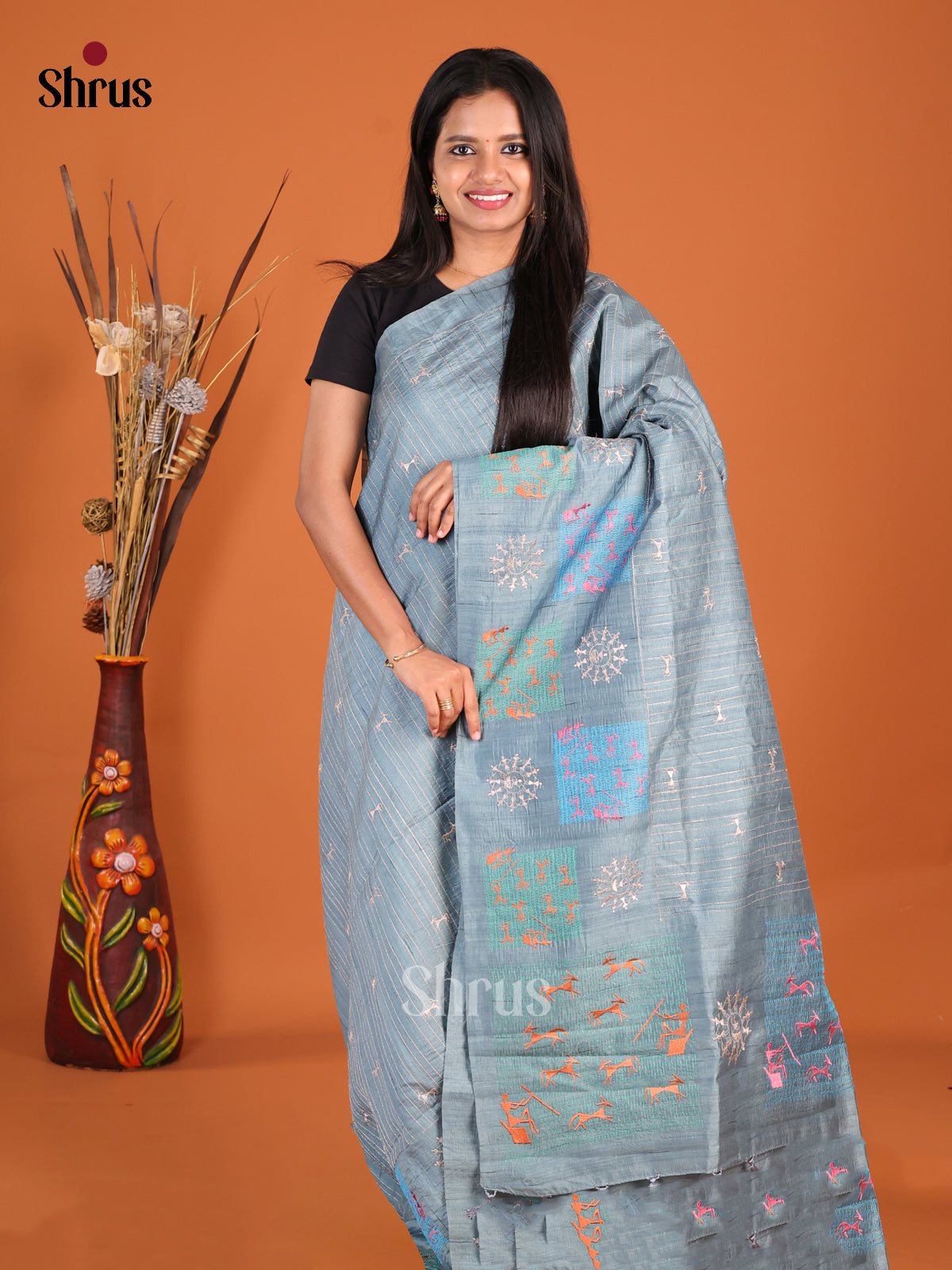 Grey  - Semi Rawsilk Saree - Shop on Shrus.com
