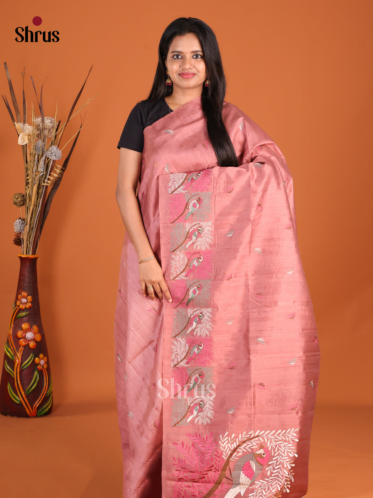 Dusty Brown - Semi Rawsilk Saree - Shop on Shrus.com