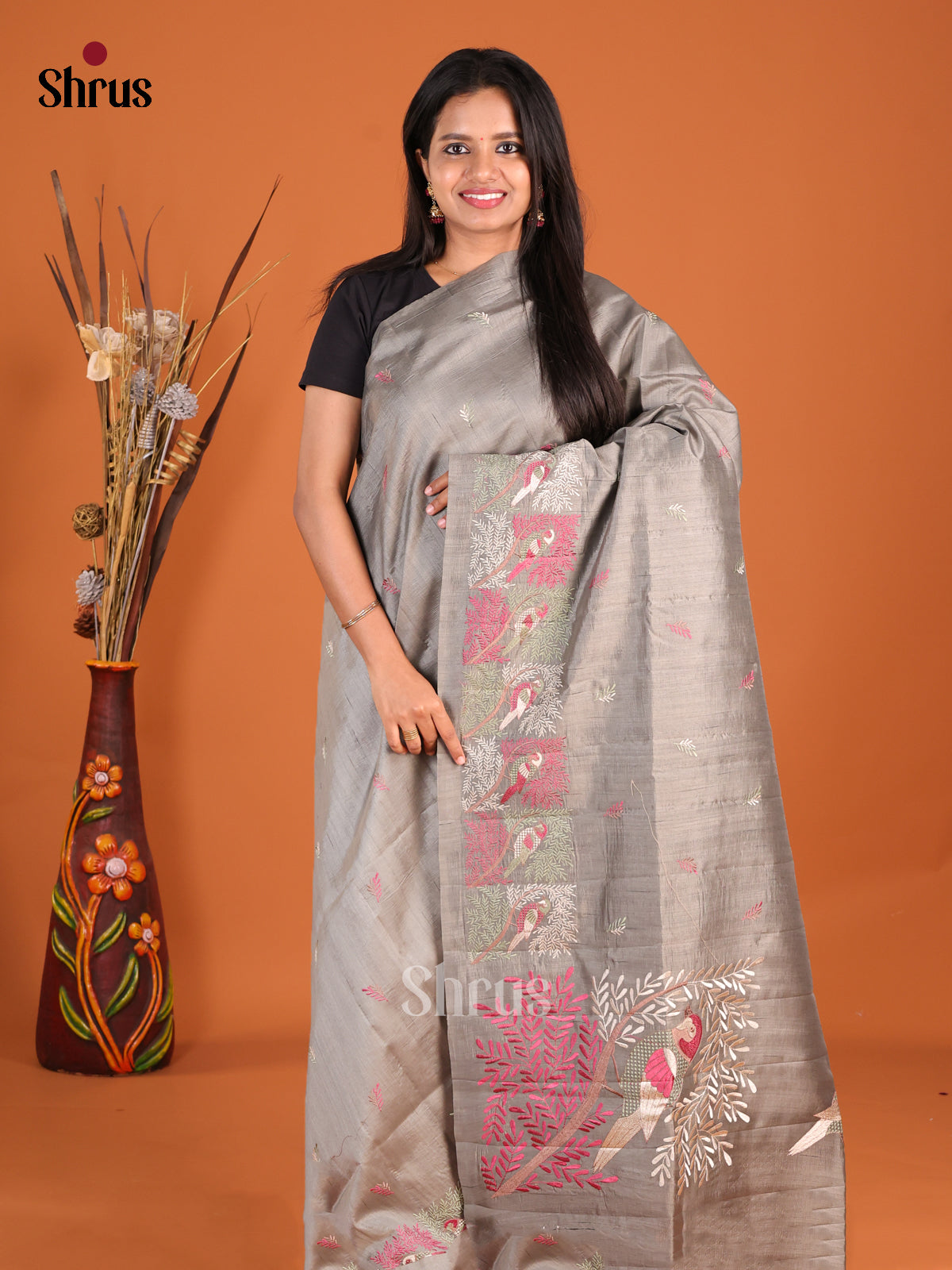 Grey - Semi Rawsilk Saree - Shop on Shrus.com