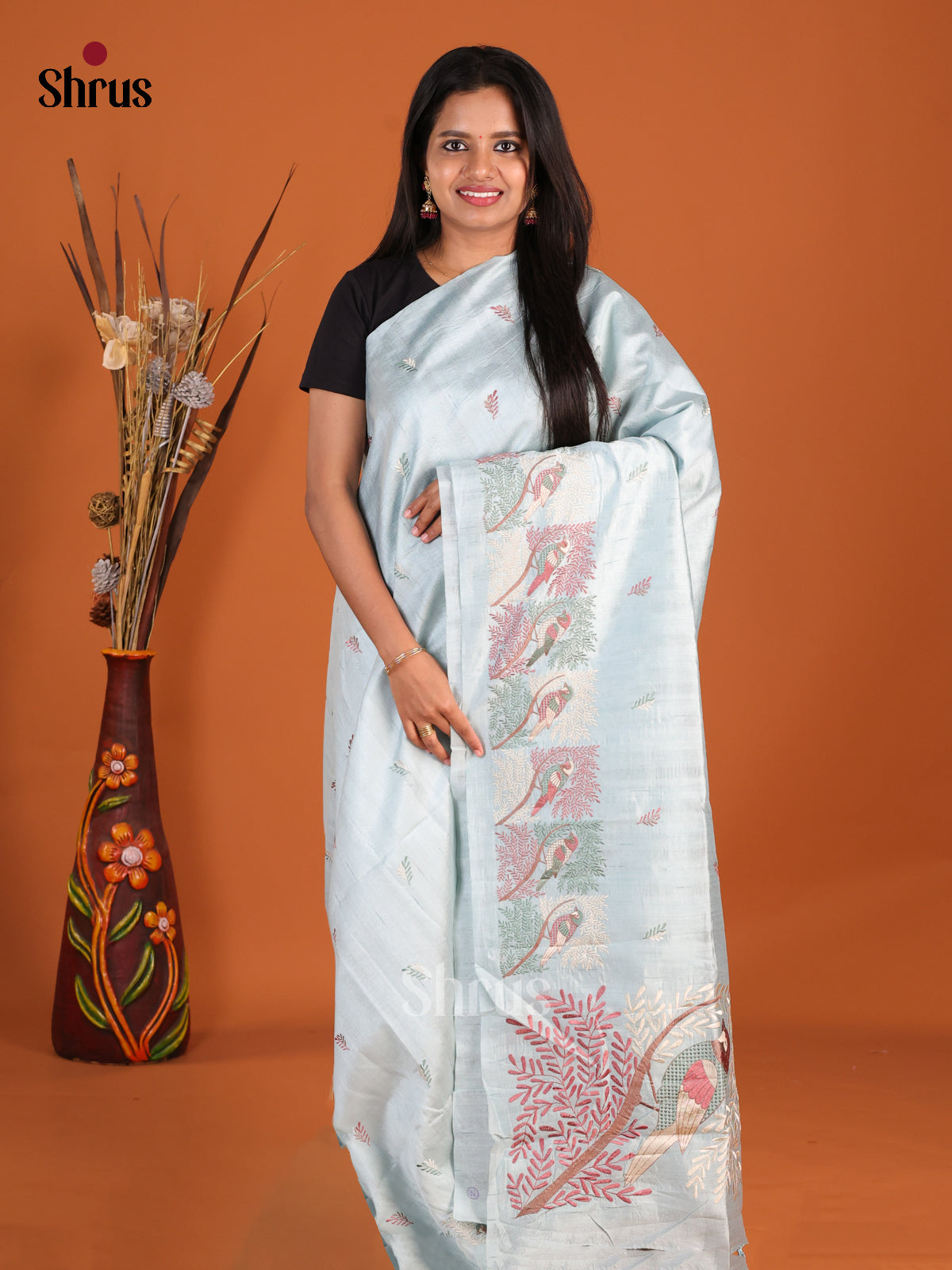 Pastel Blue - Semi Rawsilk Saree - Shop on Shrus.com