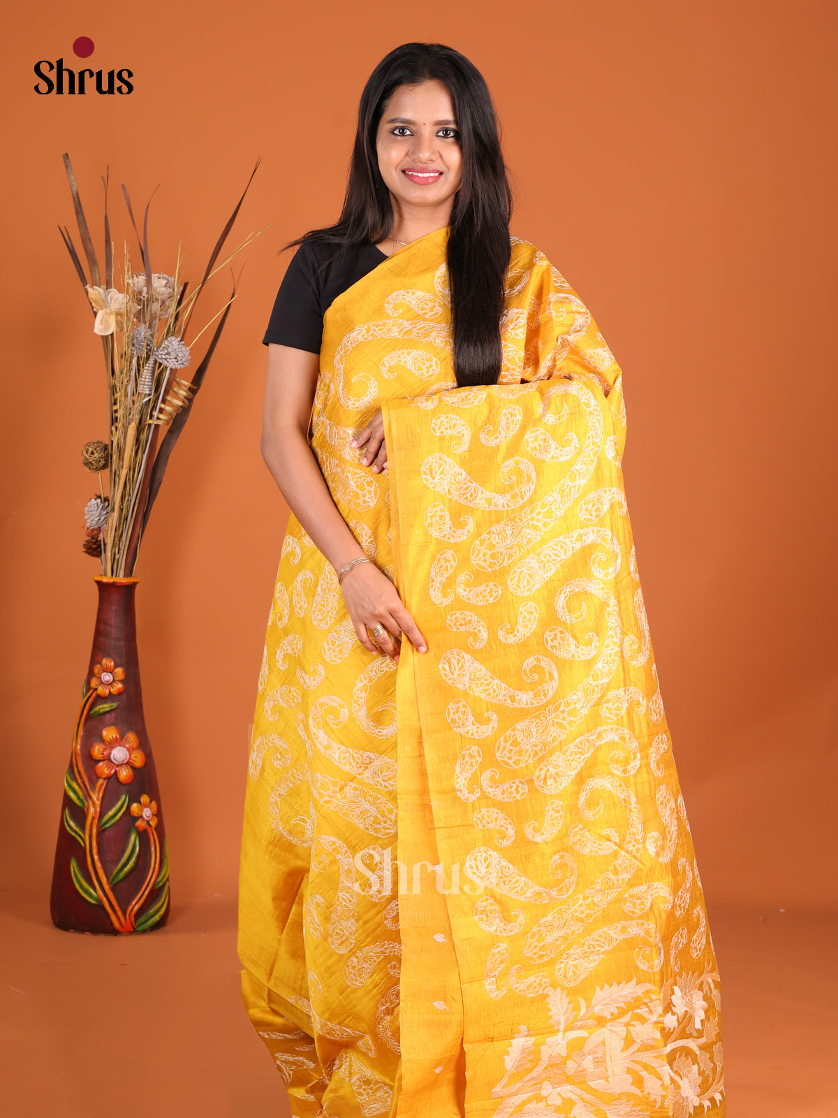 Yellow - Semi Rawsilk Saree - Shop on Shrus.com