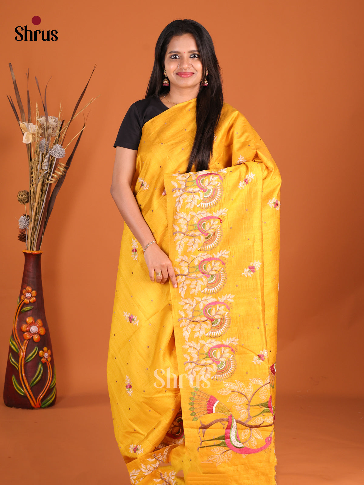 Yellow - Semi Rawsilk Saree - Shop on Shrus.com