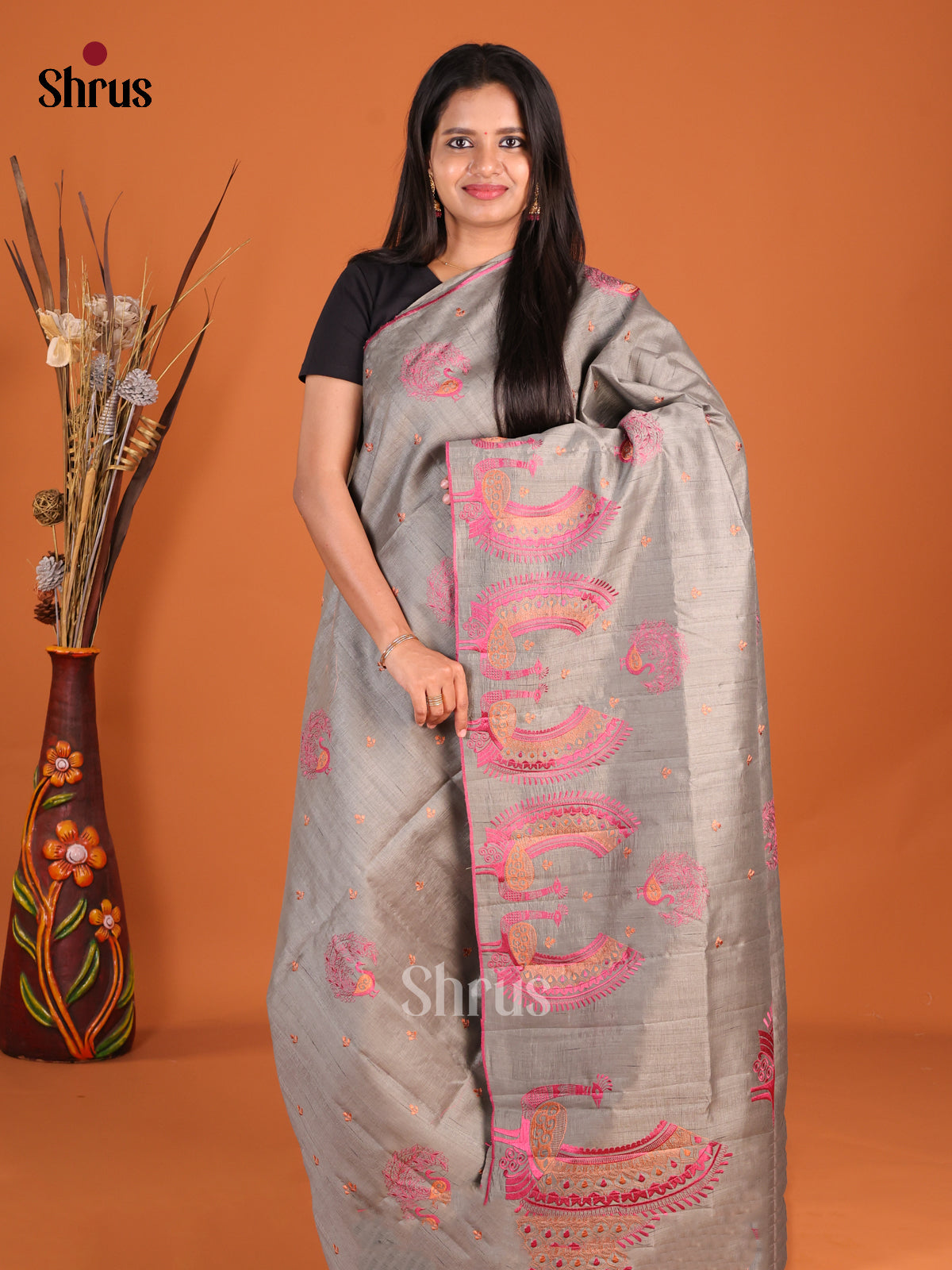 Grey- Semi Rawsilk Saree - Shop on Shrus.com