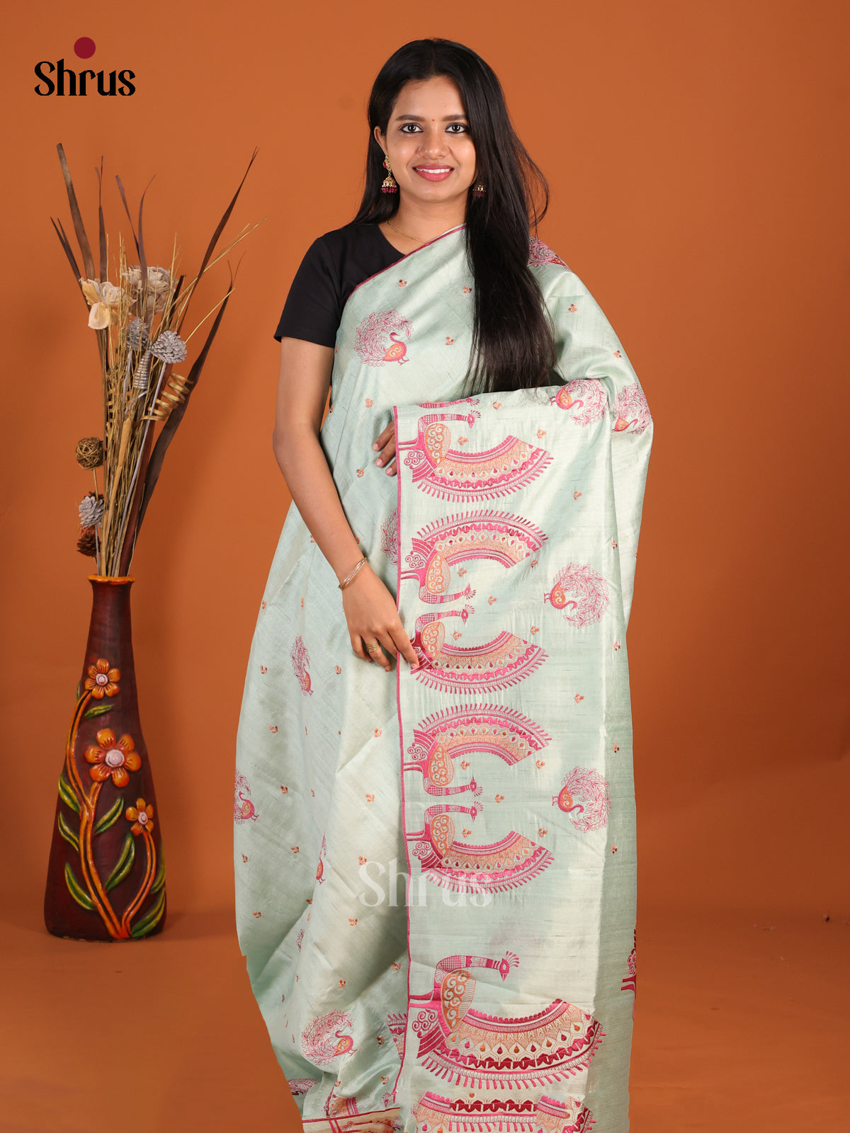 Pastel Green - Semi Rawsilk Saree - Shop on Shrus.com
