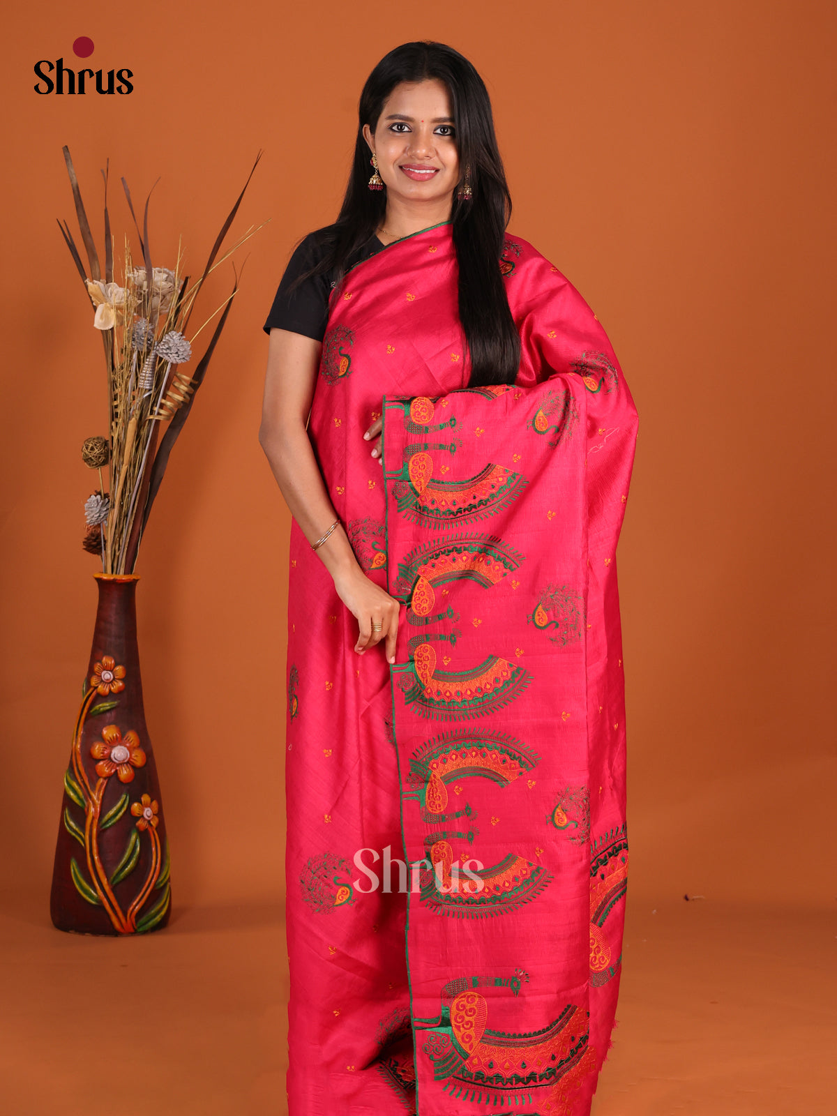 Reddish Pink - Semi Rawsilk Saree - Shop on Shrus.com