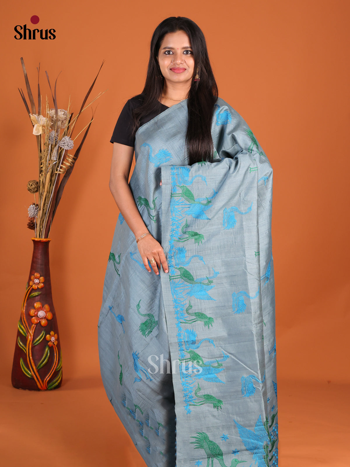 Grey & Blue - Semi Rawsilk Saree