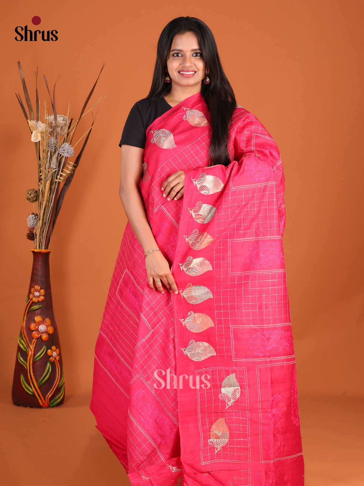 Deep Pink - Semi Rawsilk Saree - Shop on Shrus.com
