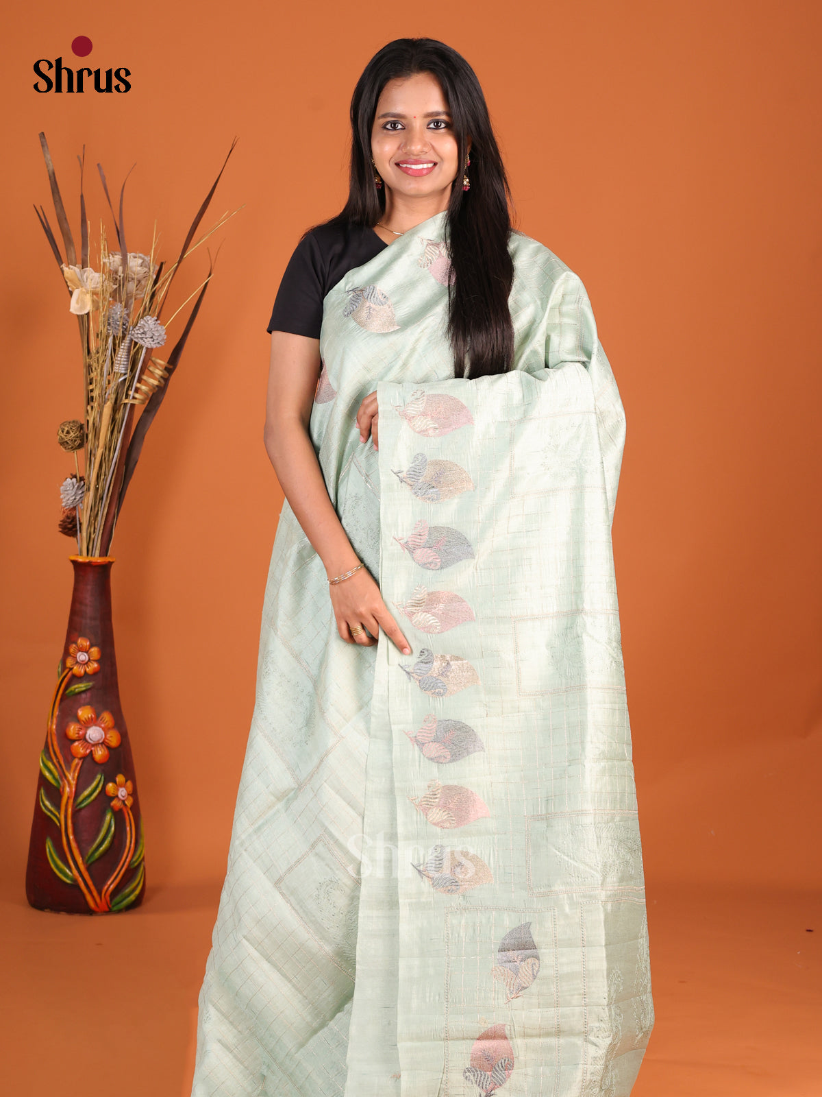 Mild Green - Semi Rawsilk Saree - Shop on Shrus.com