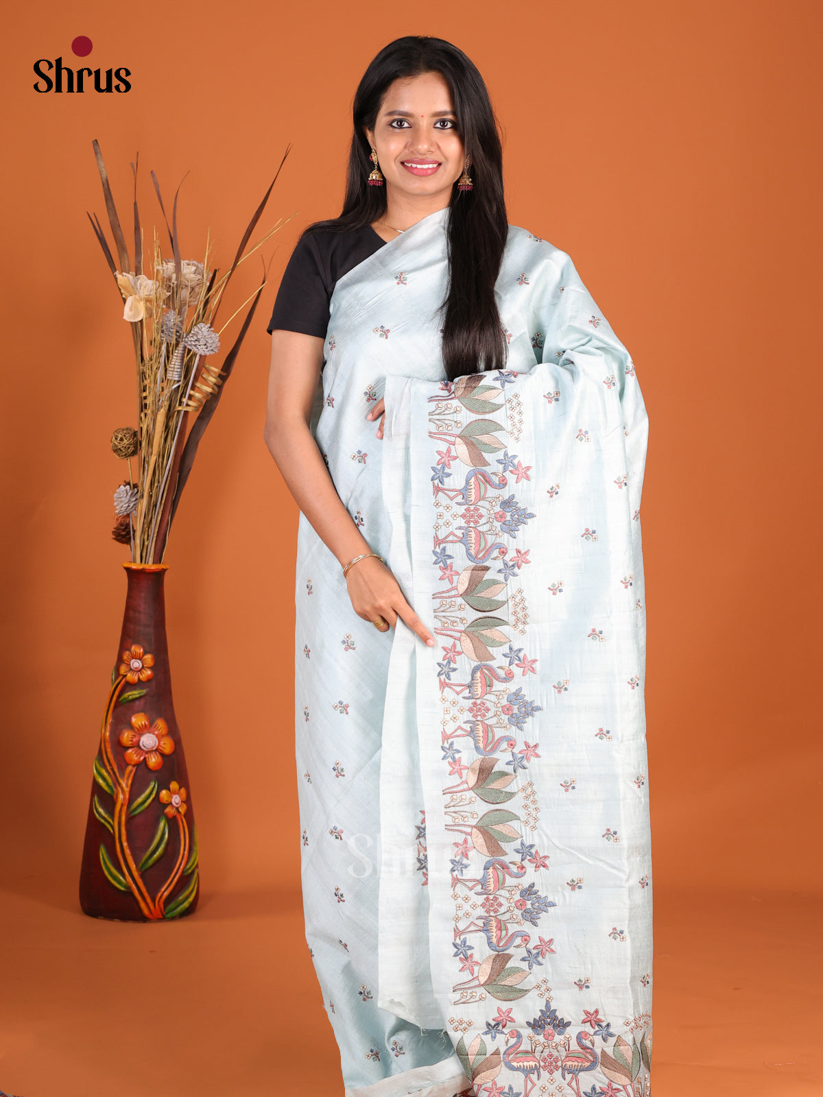 Light Blue - Semi Rawsilk Saree - Shop on Shrus.com