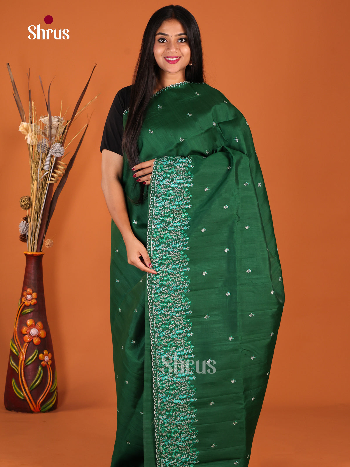 Green - Semi Rawsilk Saree - Shop on Shrus.com