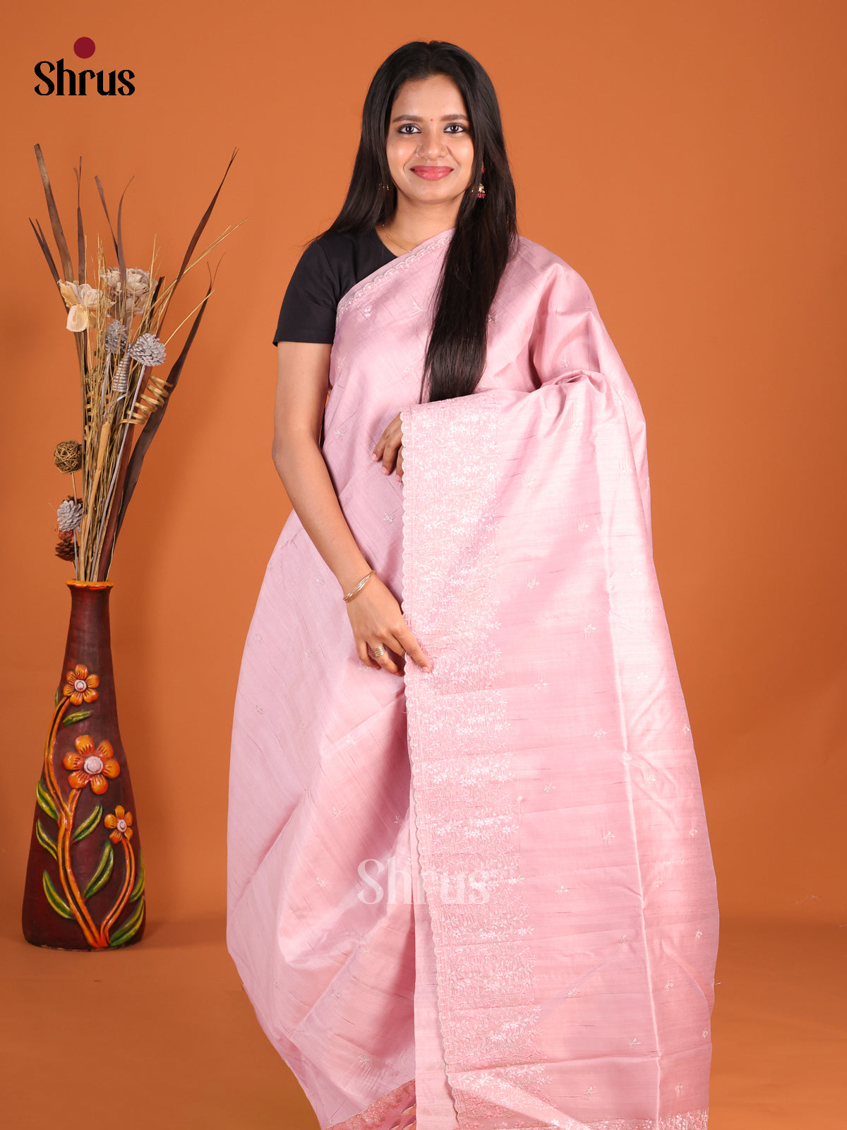 Pink  - Semi Rawsilk Saree - Shop on Shrus.com