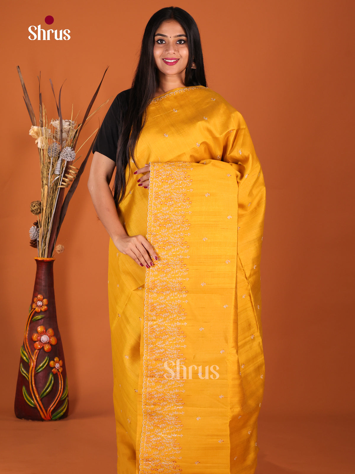 Mustard- Semi Rawsilk Saree - Shop on Shrus.com