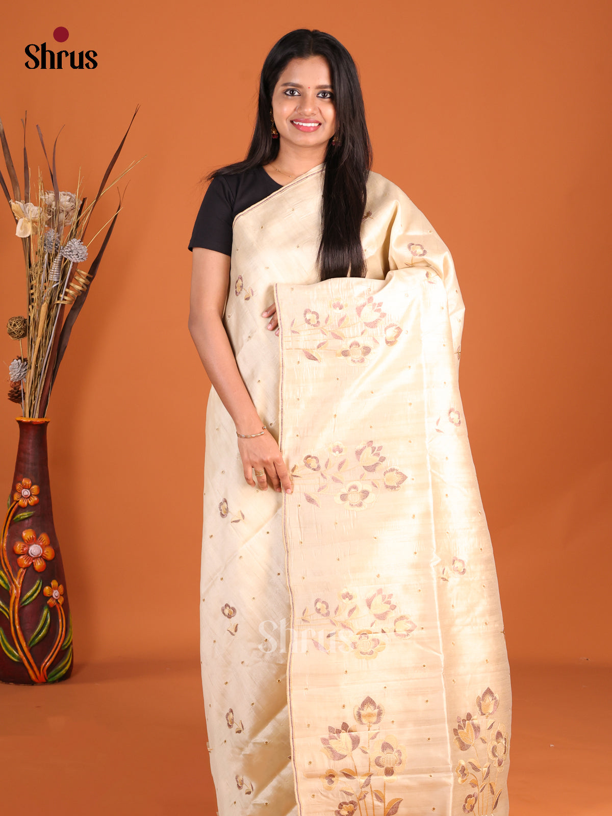 Cream - Semi Rawsilk Saree - Shop on Shrus.com