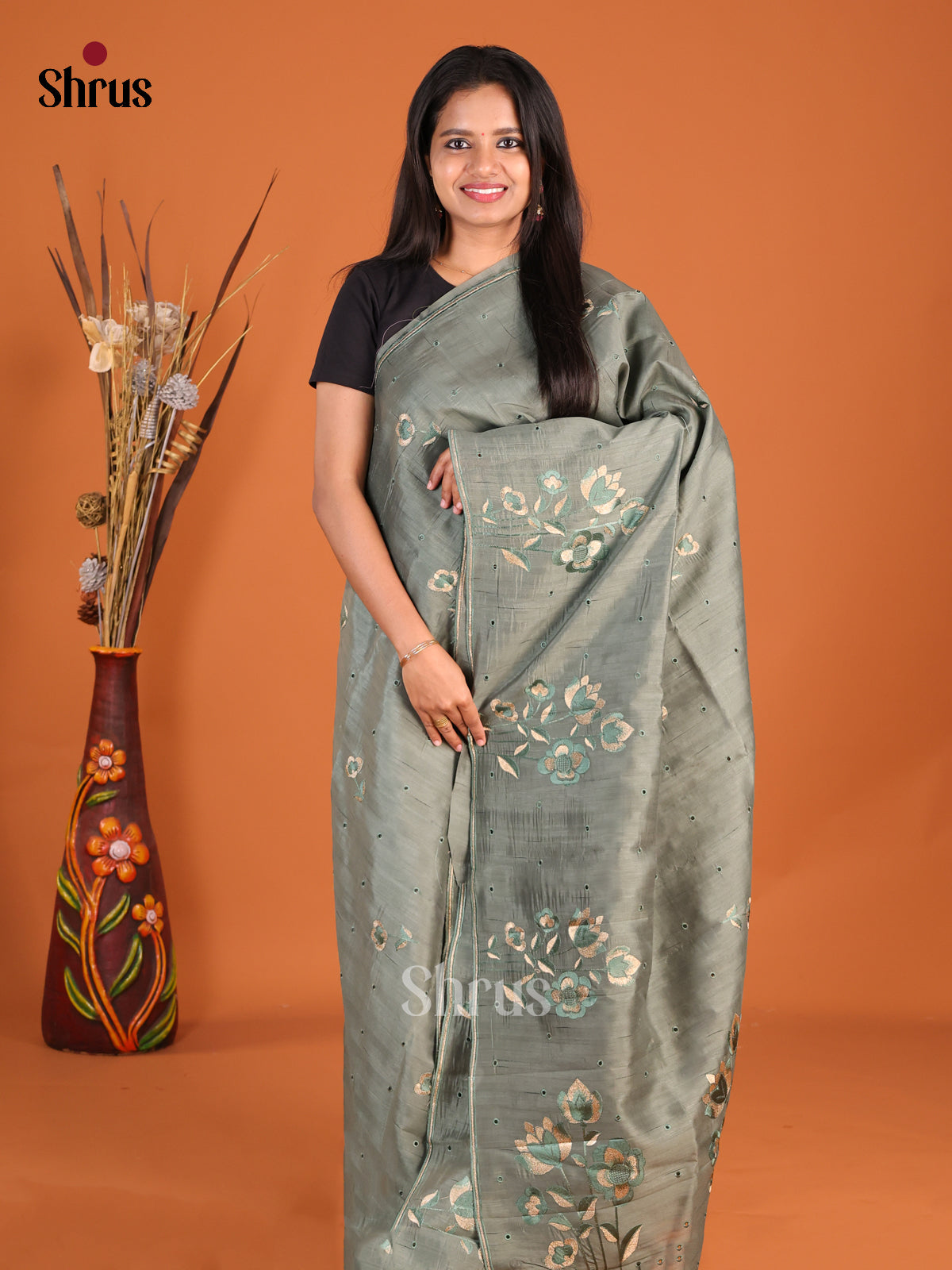 Grey - Semi Rawsilk Saree - Shop on Shrus.com