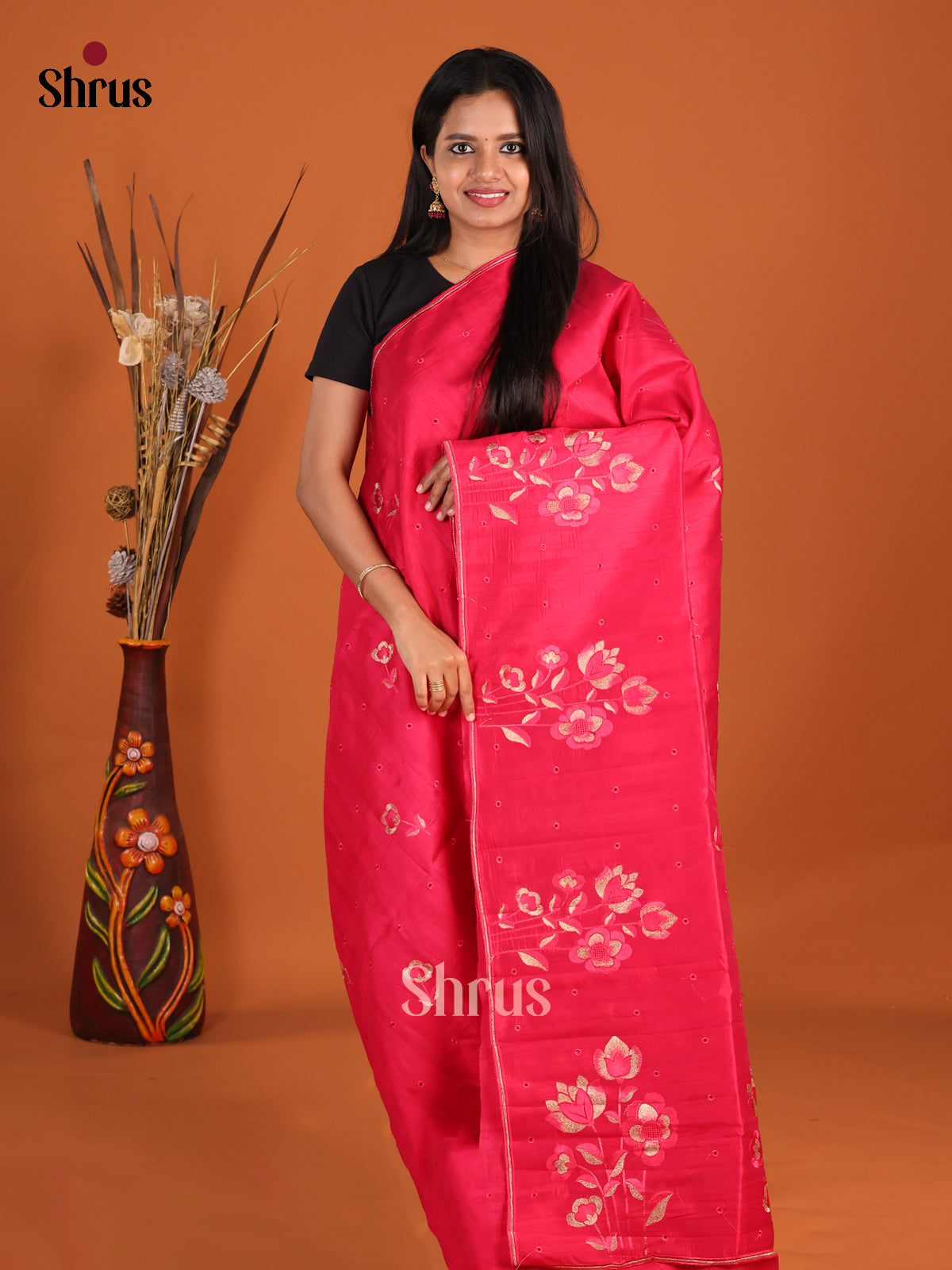 Red - Semi Rawsilk Saree - Shop on Shrus.com