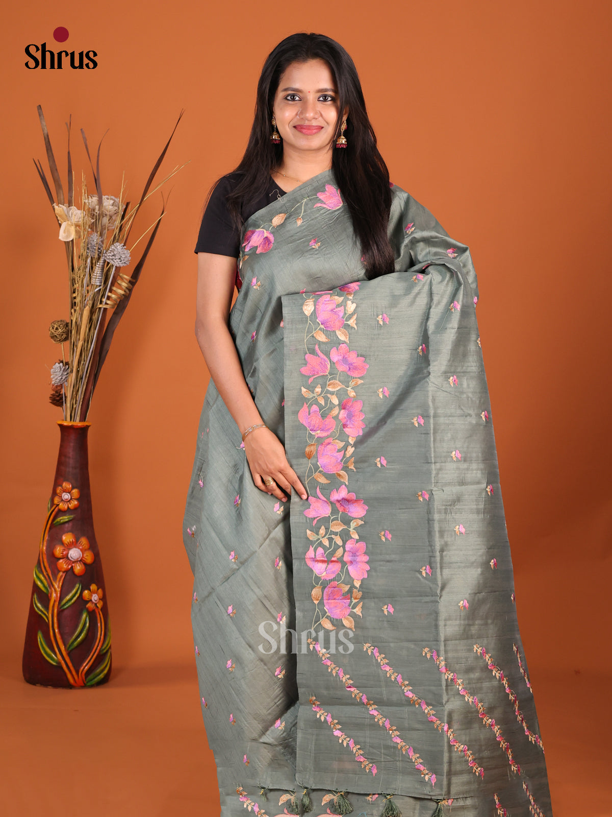 Grey - Semi Rawsilk Saree - Shop on Shrus.com