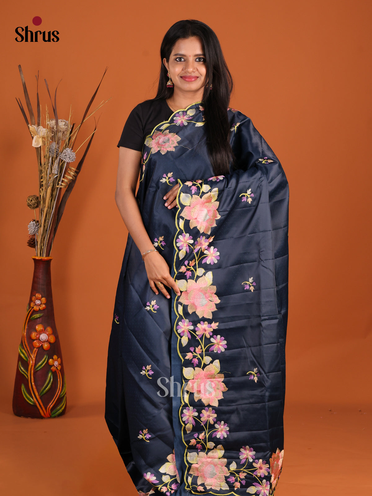 Navy Blue - Semi Rawsilk Saree - Shop on Shrus.com