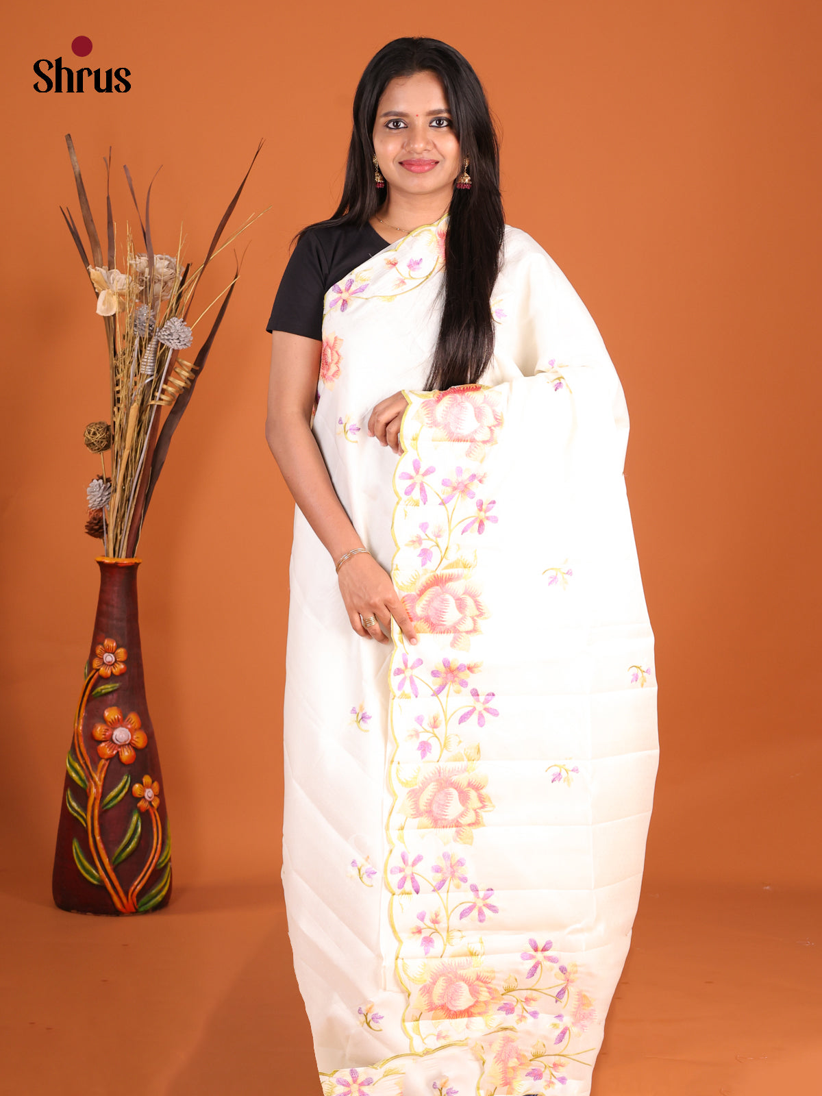Cream- Semi Rawsilk Saree - Shop on Shrus.com