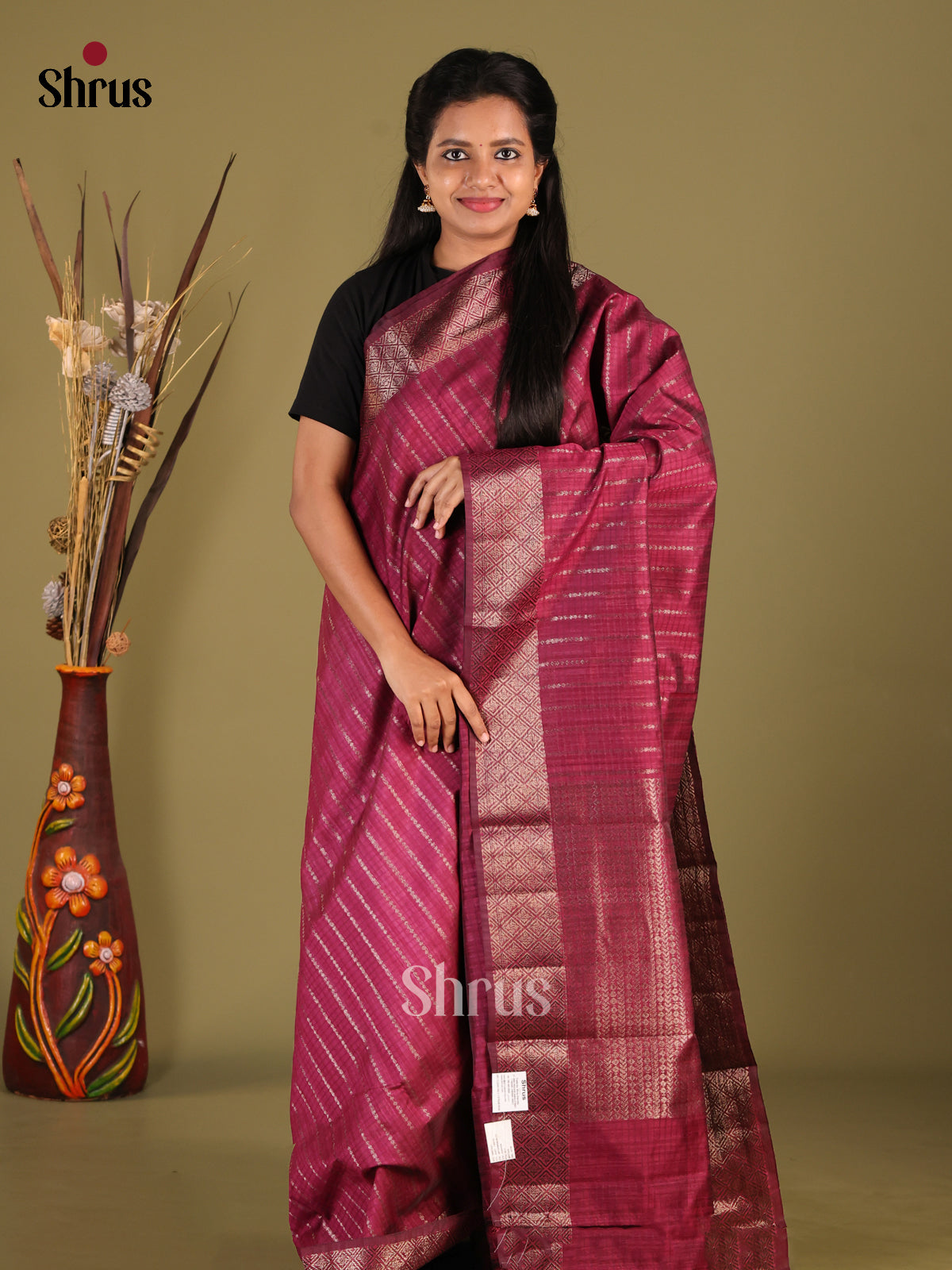 Maroon - Semi Jute Saree - Shop on Shrus.com