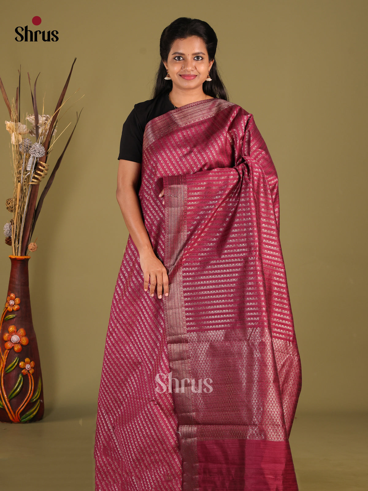 Maroon - Semi Jute Saree - Shop on Shrus.com