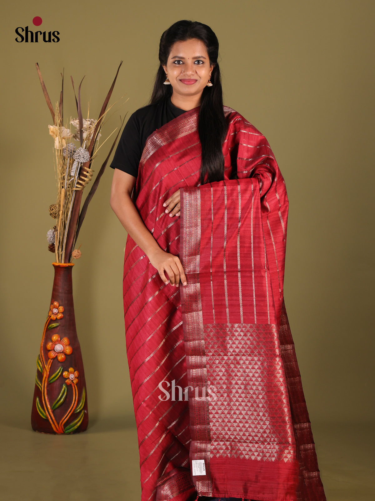 Maroon - Semi Jute Saree - Shop on Shrus.com