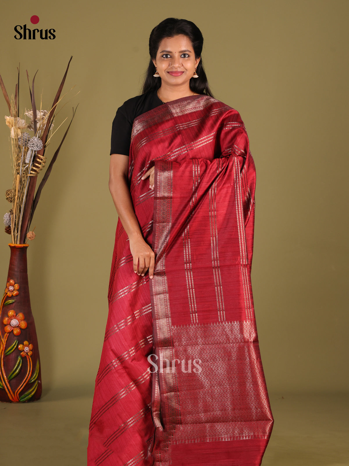 Maroon - Semi Jute Saree - Shop on Shrus.com