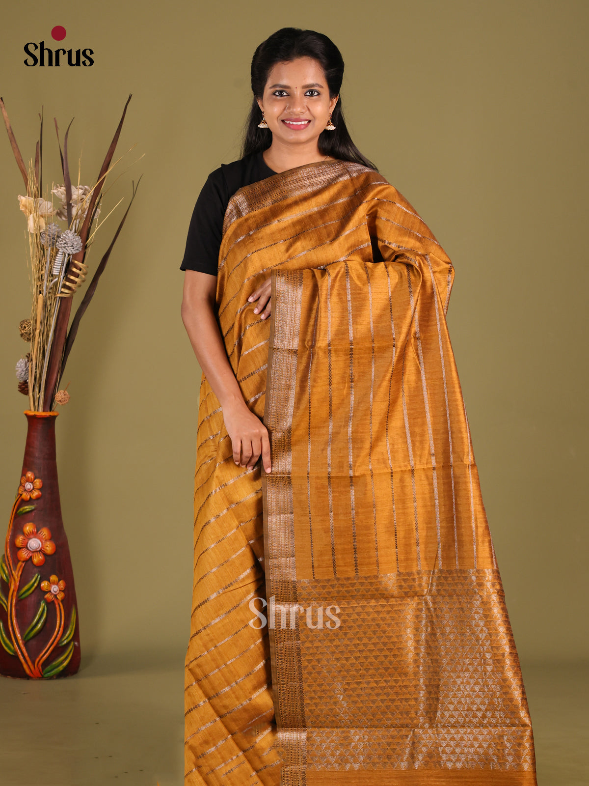 Mustard - Semi Jute Saree - Shop on Shrus.com
