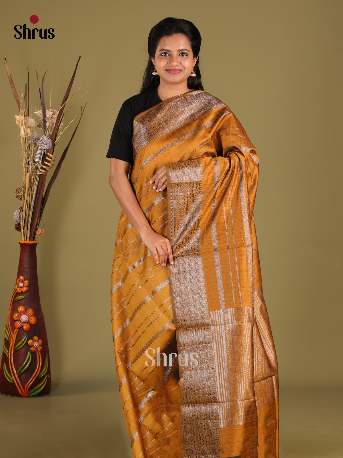 Mustard - Semi Jute Saree - Shop on Shrus.com