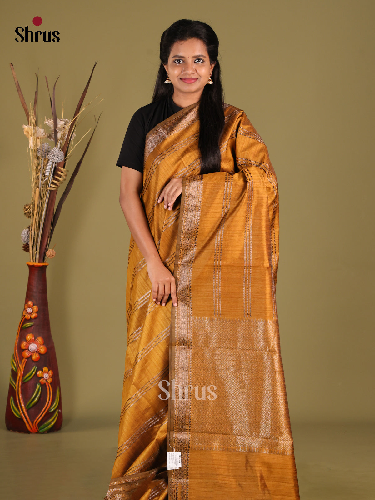Mustard- Semi Jute Saree - Shop on Shrus.com
