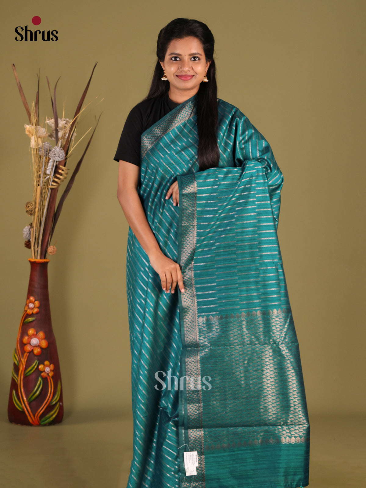 Green - Semi Jute Saree - Shop on Shrus.com