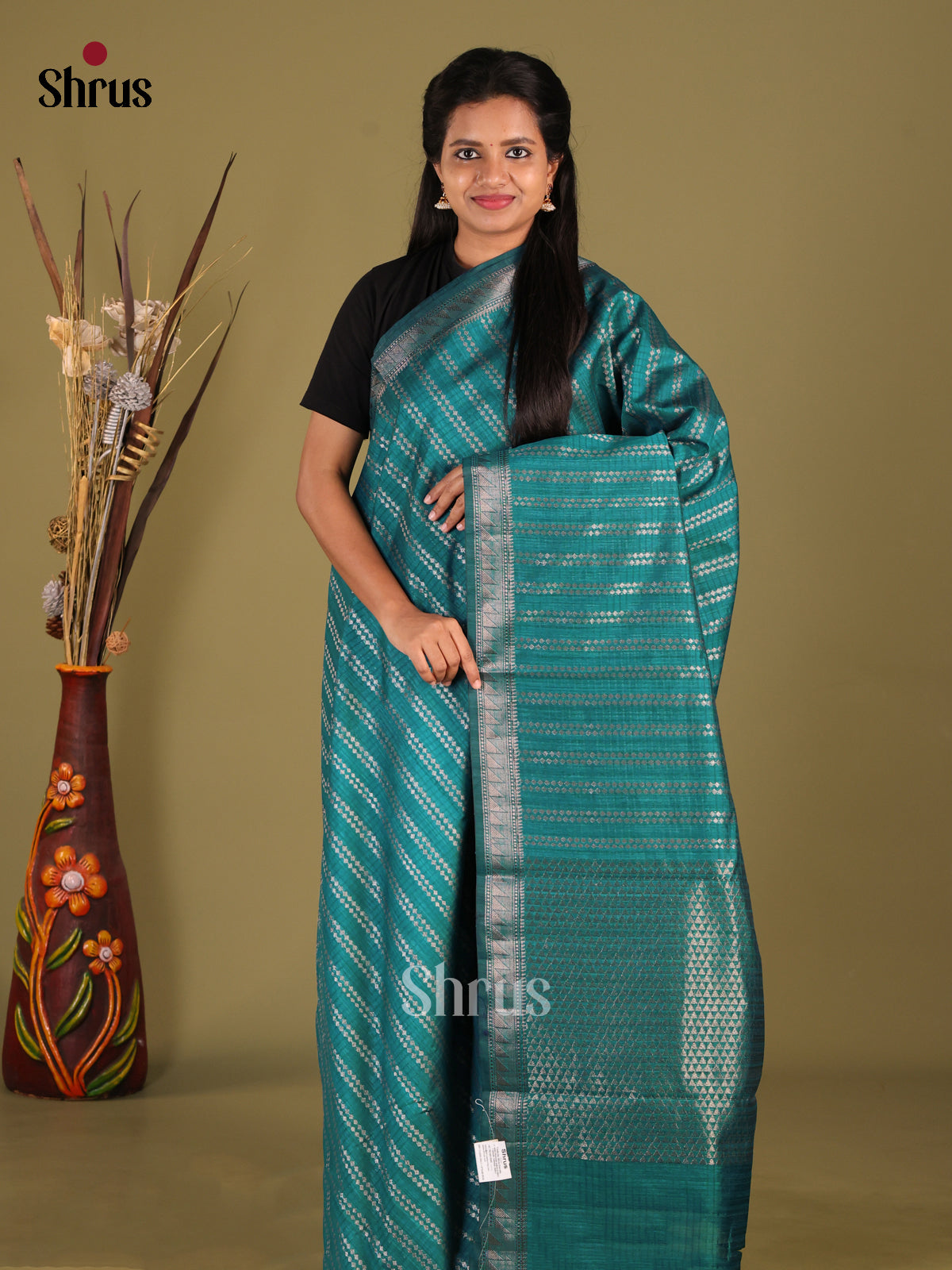Green - Semi Jute Saree - Shop on Shrus.com