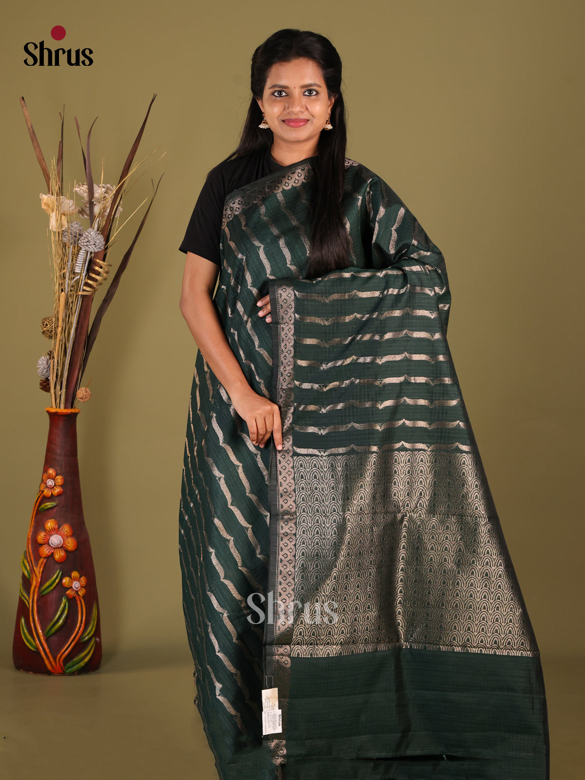 Dark Green - Semi Jute Saree - Shop on Shrus.com