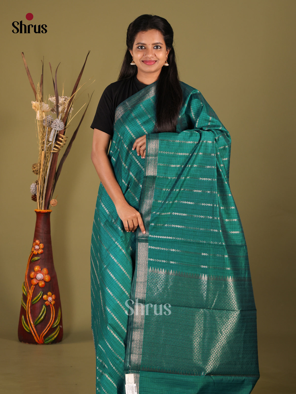 Green- Semi Jute Saree - Shop on Shrus.com