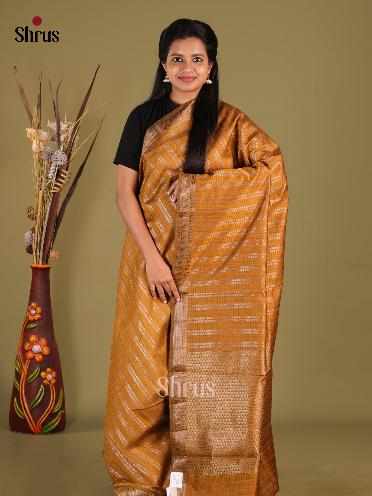 Dark Mustard - Semi Jute Saree - Shop on Shrus.com