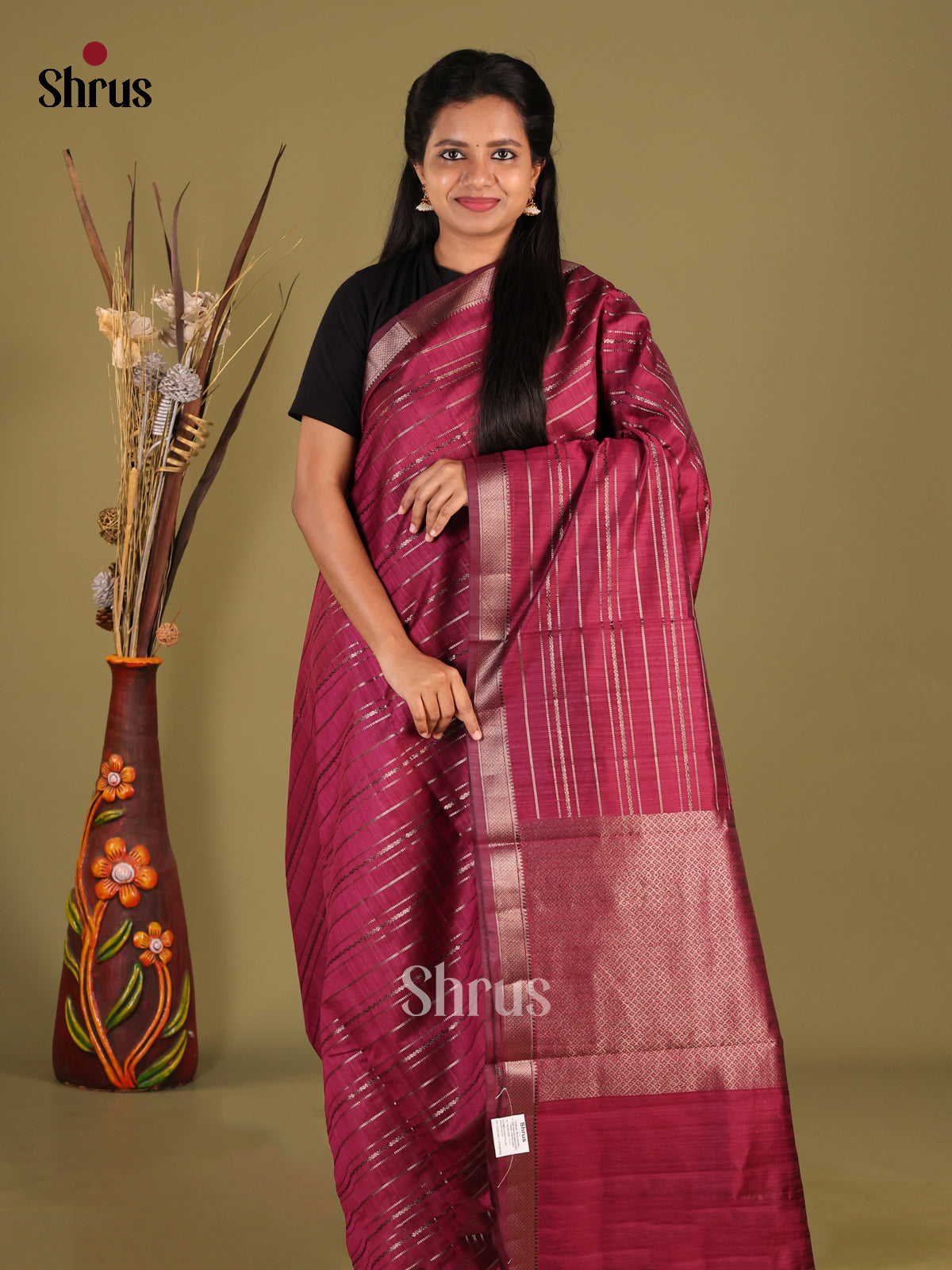 Wine - Semi Jute Saree - Shop on Shrus.com