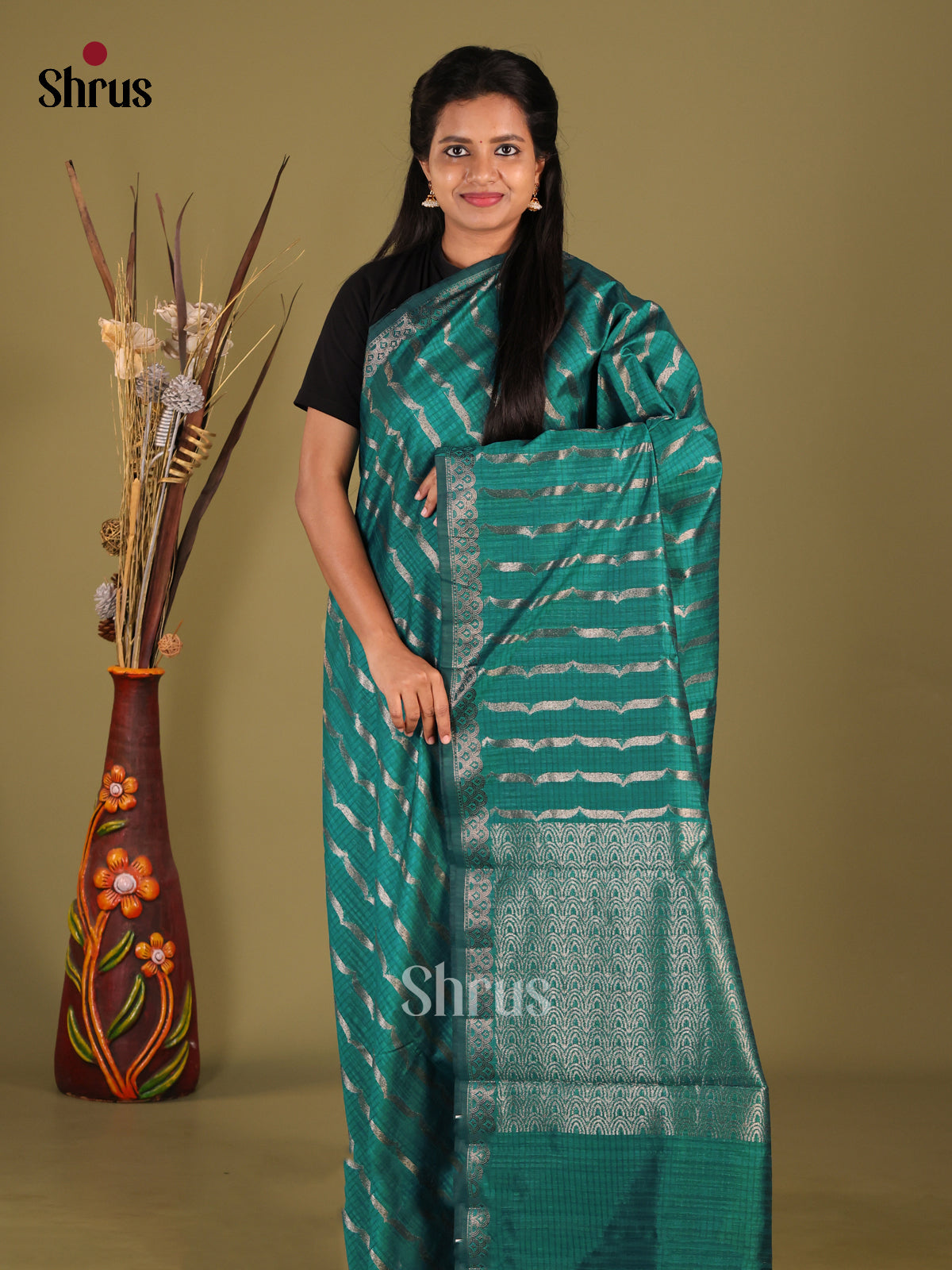 Green - Semi Jute Saree - Shop on Shrus.com